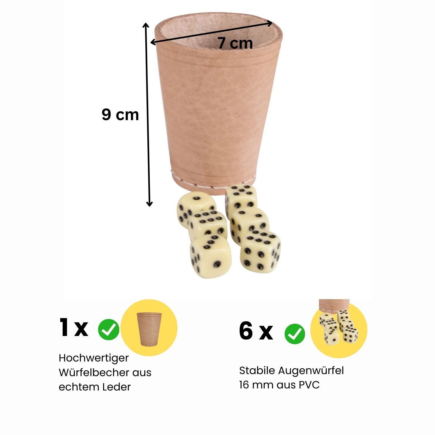 GICO Spielesammlung Würfelbecher (echt Leder) Standard (9 cm) mit 6 Würfeln 5902