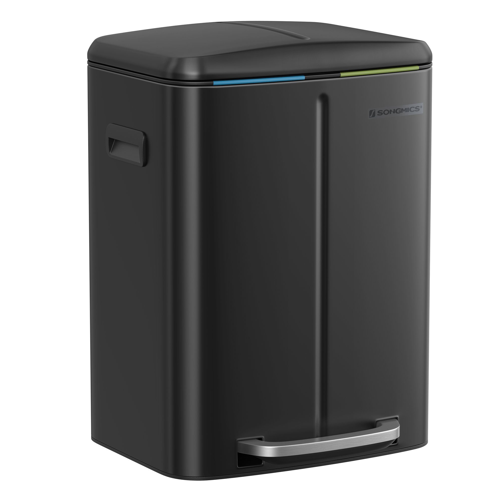 SONGMICS Mülleimer Küche, 2 x 20 L, Mülltrennsystem 2 Fächer, Treteimer, geruchsdicht, Abfalleimer Metall, Inneneimer aus Kunststoff, Softclose, schwarz