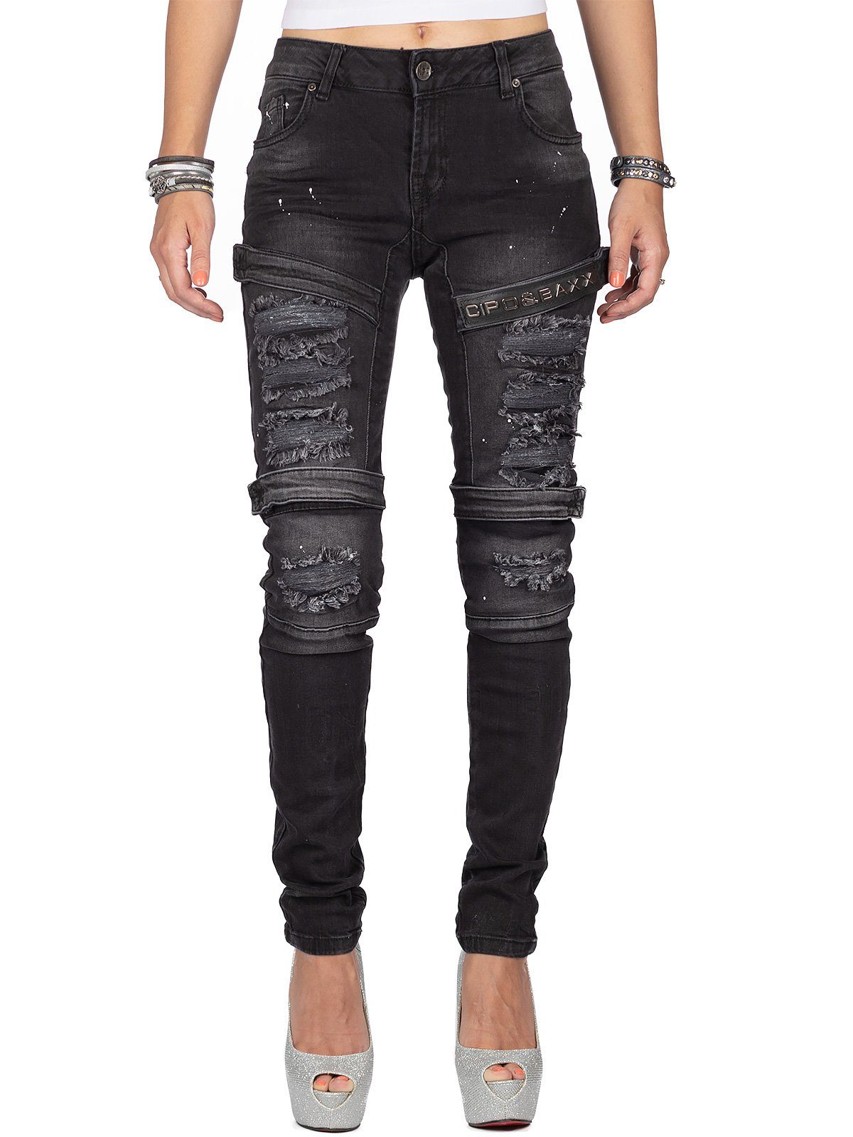 Cipo & Baxx Slim-fit-Jeans Biker Hose BA-WD383 mit Aufnähern und Klettschlüssen Destroyed