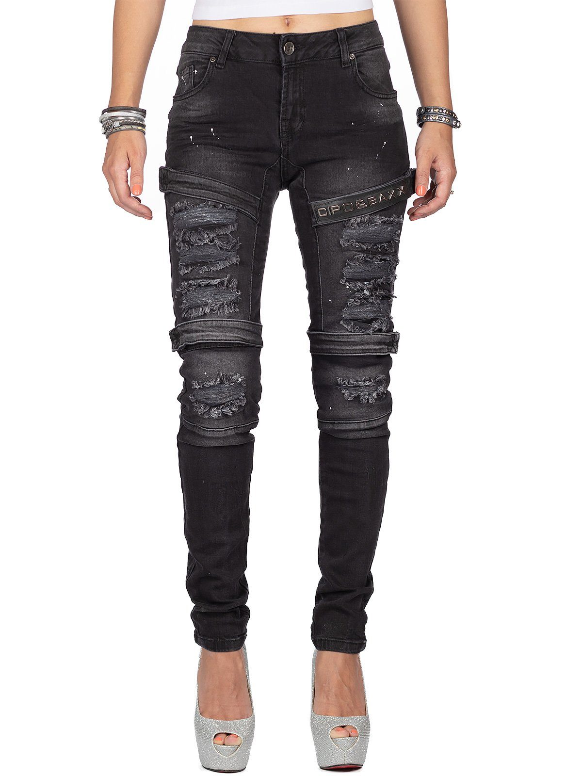 Cipo & Baxx Slim-fit-Jeans Damen Slim Fit Biker Hose Stonewashed BA-WD383 mit Aufnähern und Klettschlüssen Destroyed