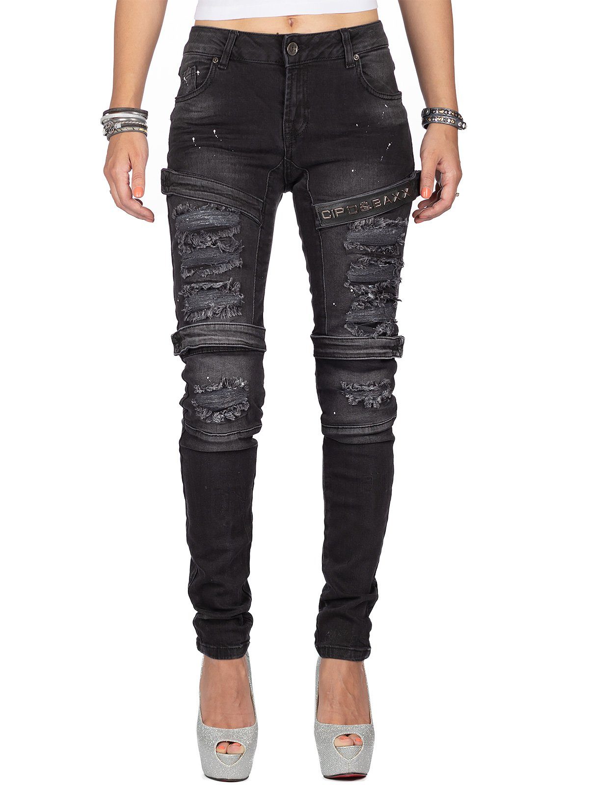 Cipo & Baxx Slim-fit-Jeans Damen Hose BA-WD383 Destroyed Jeans im Bikerstyle