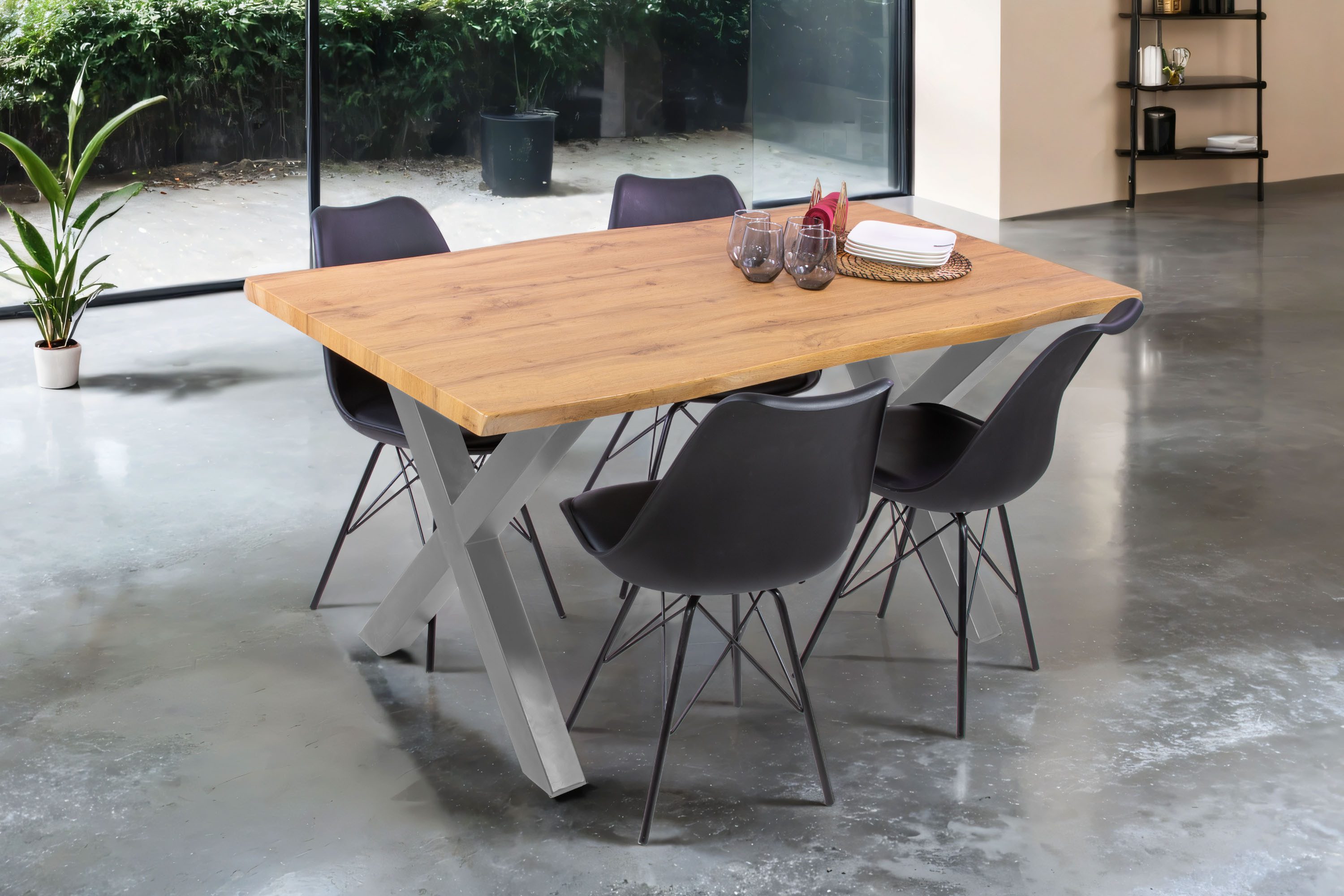 Loreno® Esstisch Josy, Wildeiche Holz-Optik, Baumkante, Metallgestell X-Form