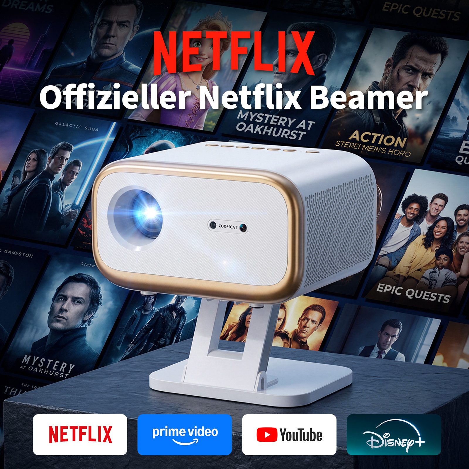 ZOOMCAT Beamer 4K Heimkino Mit Netflix Zertifizierung (Autofokus)Mit Ständer Beamer (25000 lm, 25000 : 1, 3840x2160 px, Auto Fokus, Auto Trapezkorrektur, Auto Hindernisvermeidung)