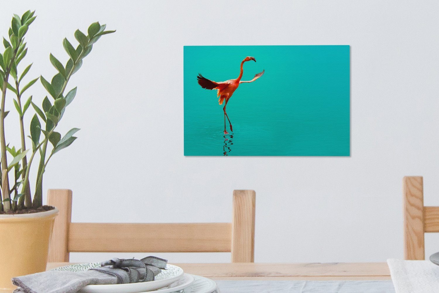 klaren (1 Flamingo OneMillionCanvasses® Aufhängefertig, Wandbild Leinwandbilder, Wanddeko, Ein blauen cm St), 30x20 Wasser, am Leinwandbild