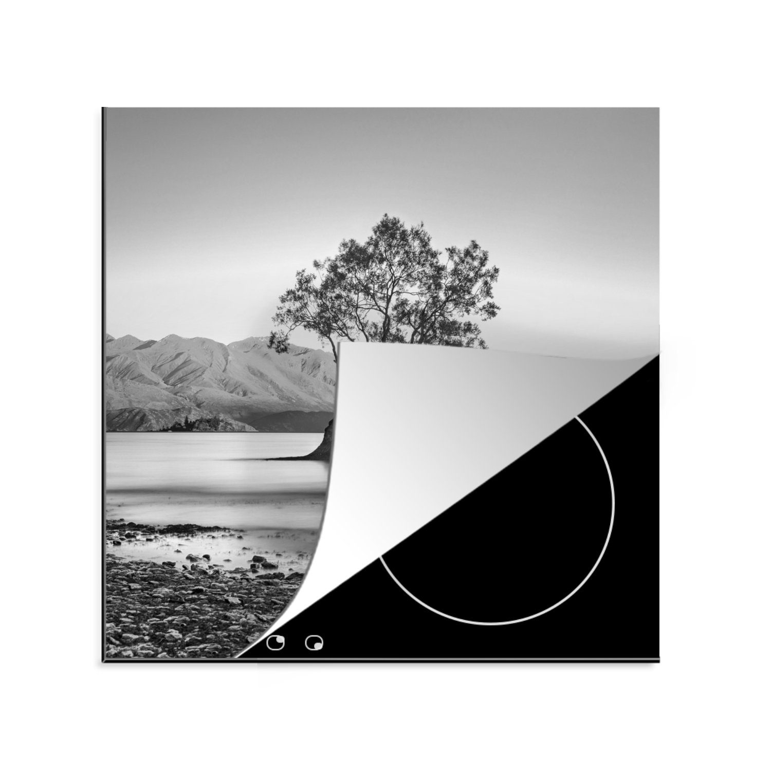 MuchoWow Herdblende-/Abdeckplatte Neuseeland - Baum - Schwarz - Weiß, Vinyl, (1 tlg), 78x78 cm, Ceranfeldabdeckung, Arbeitsplatte für küche