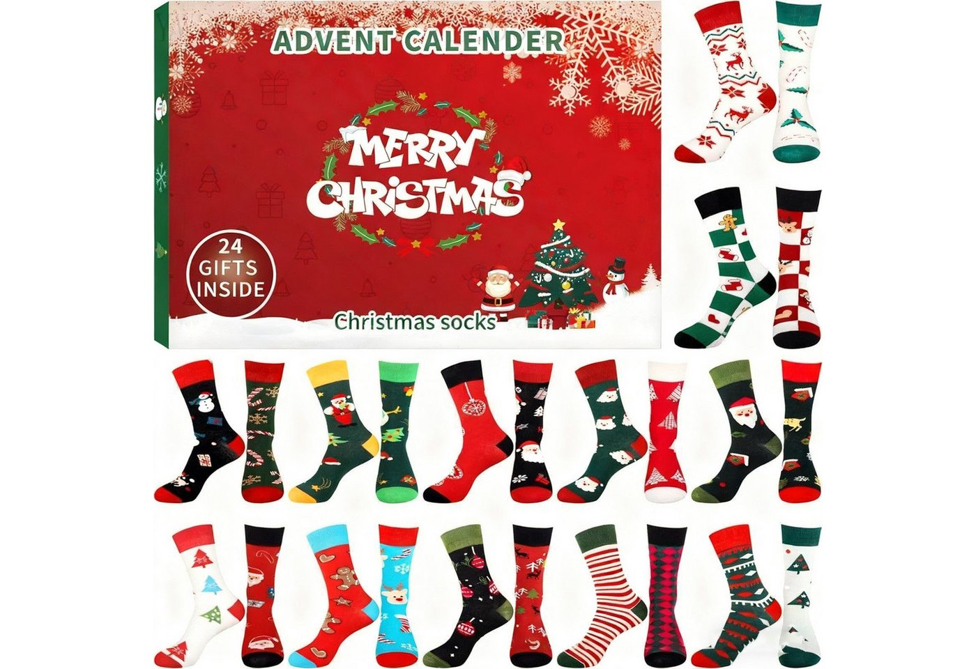 CLTYQ Freizeitsocken Weihnachtssocken,Weihnachten Adventskalender Socken mit 24 Artikel lustige Socken für Weihnachten,Kindersocken, Blindbox-Socken