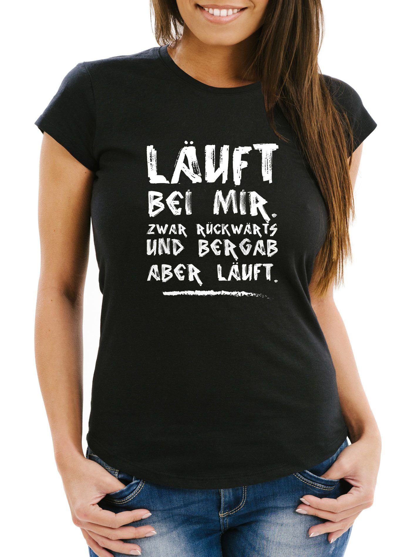 Print-Shirt Damen T-Shirt Spruch Läuft bei mir, zwar rückwärts und bergab aber läuft Slim Fit Moonworks®