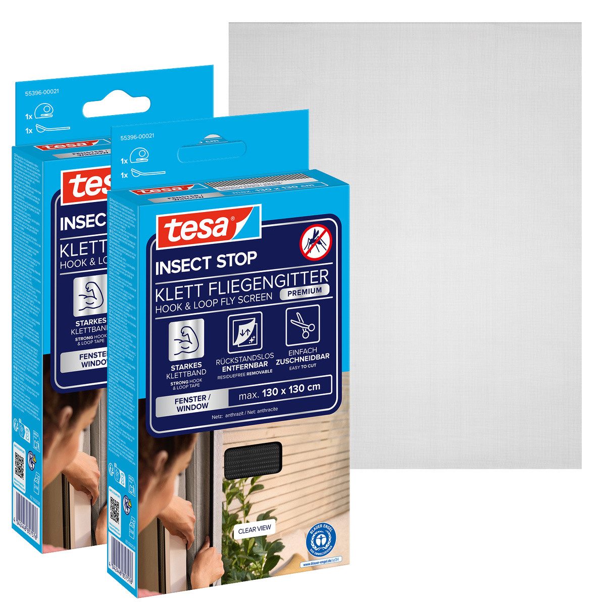 tesa Fliegengitter-Gewebe Premium für Fenster, Insektenschutz mit Klettband, (Packung, 2-St., Fliegennetz, Klettband, Andrück und Schneidehilfe), selbstklebende Insektenschutz - 130 cm x 130 cm