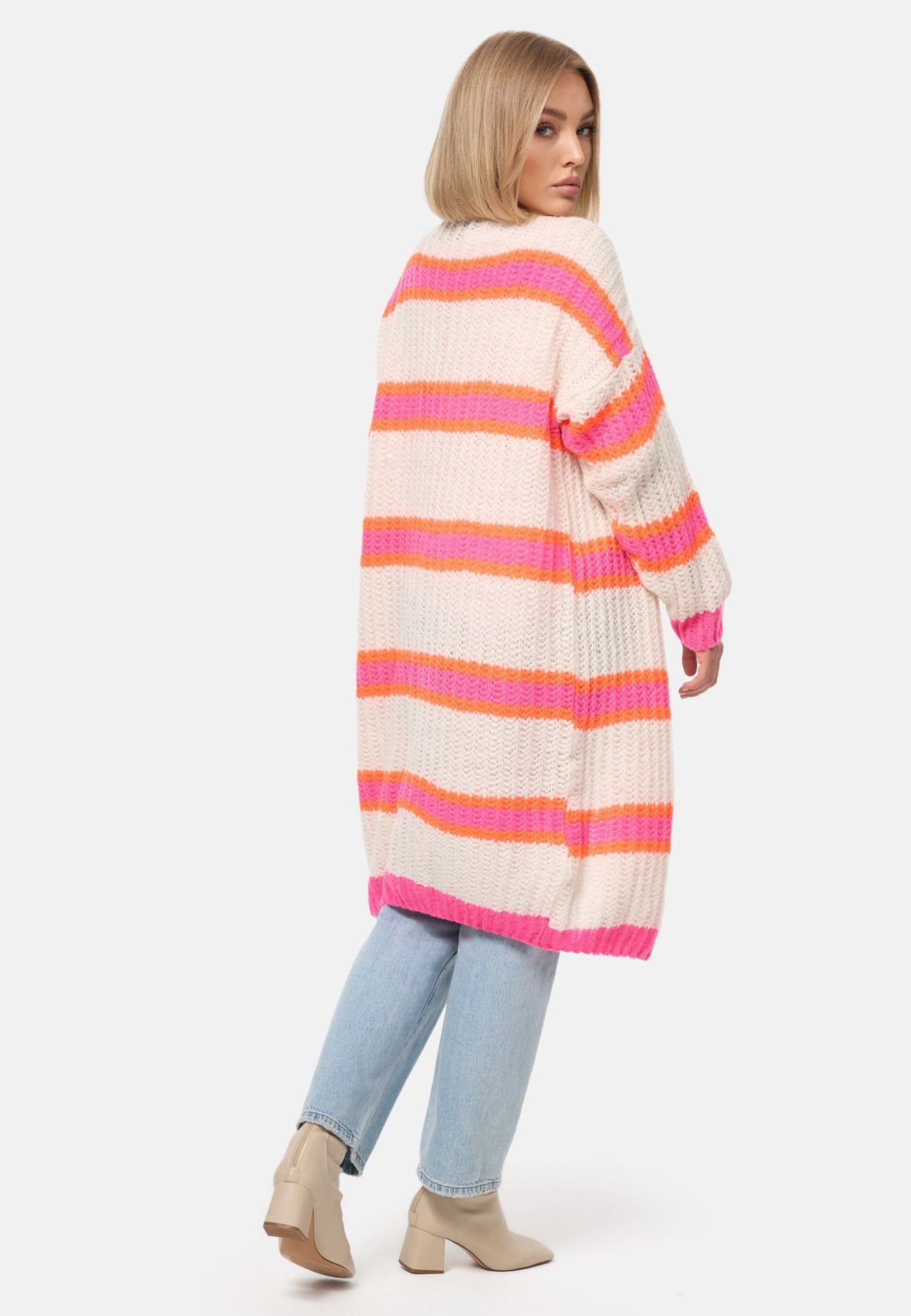 Rayshyne Longstrickjacke langer Cardigan mit Blockstreifen für Damen (Gestreift Bunte Kuschelige Damen Strickjacke Cardigan PM02) bunt gestreift – Bild 4 von 5