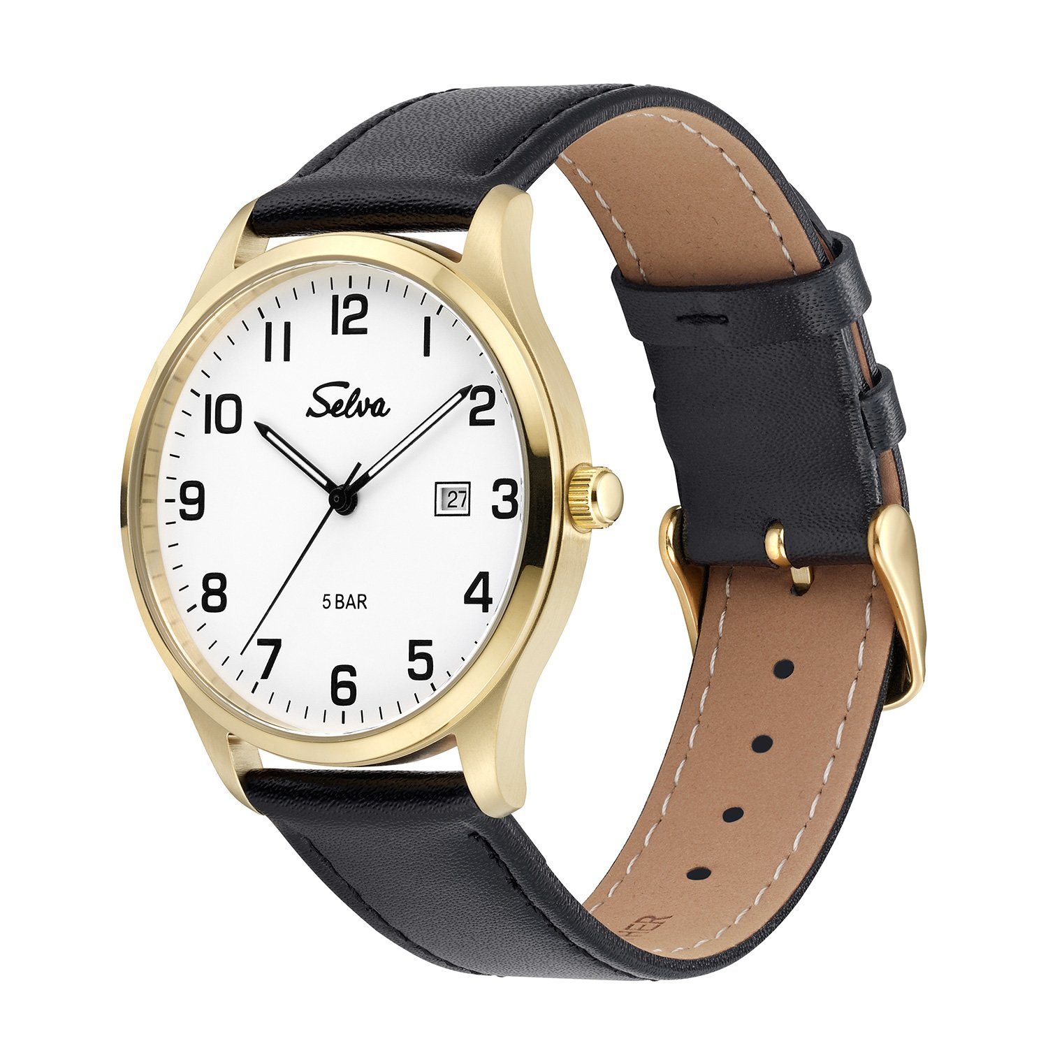 Selva Technik Quarzuhr SELVA Quarz-Armbanduhr mit Lederband Zifferblatt weiß, Gehäuse Ø 39mm