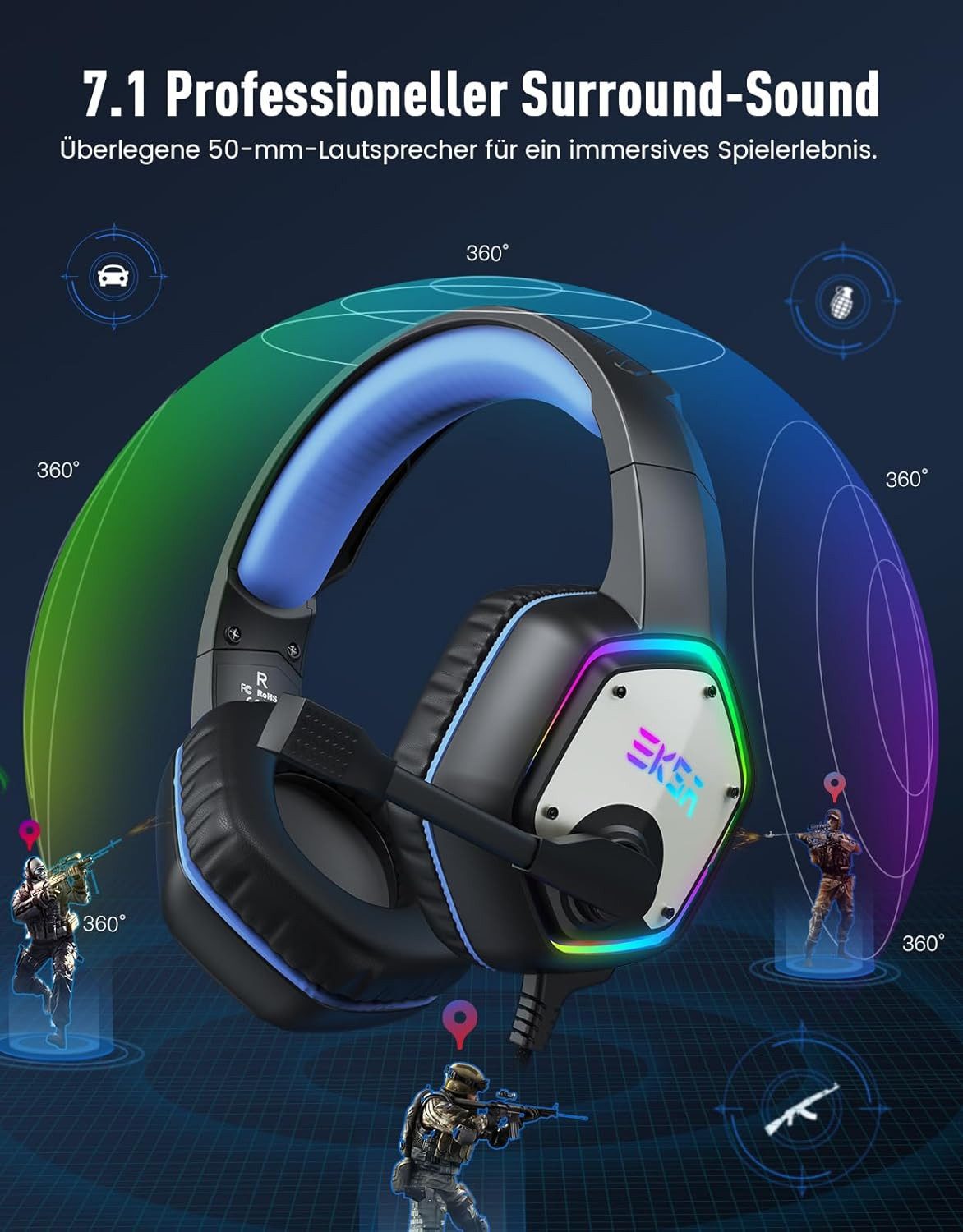 EKSA USB mit Mikrofon und Surround Sound Gaming-Headset (Das Noise Cancelling Mikrofon sorgt für klare Kommunikation ohne störende Hintergrundgeräusche beim Spielen, RGB Over-Ear Kopfhörer für PC PS4 PS5 mit Noise Cancelling Mikrofon)