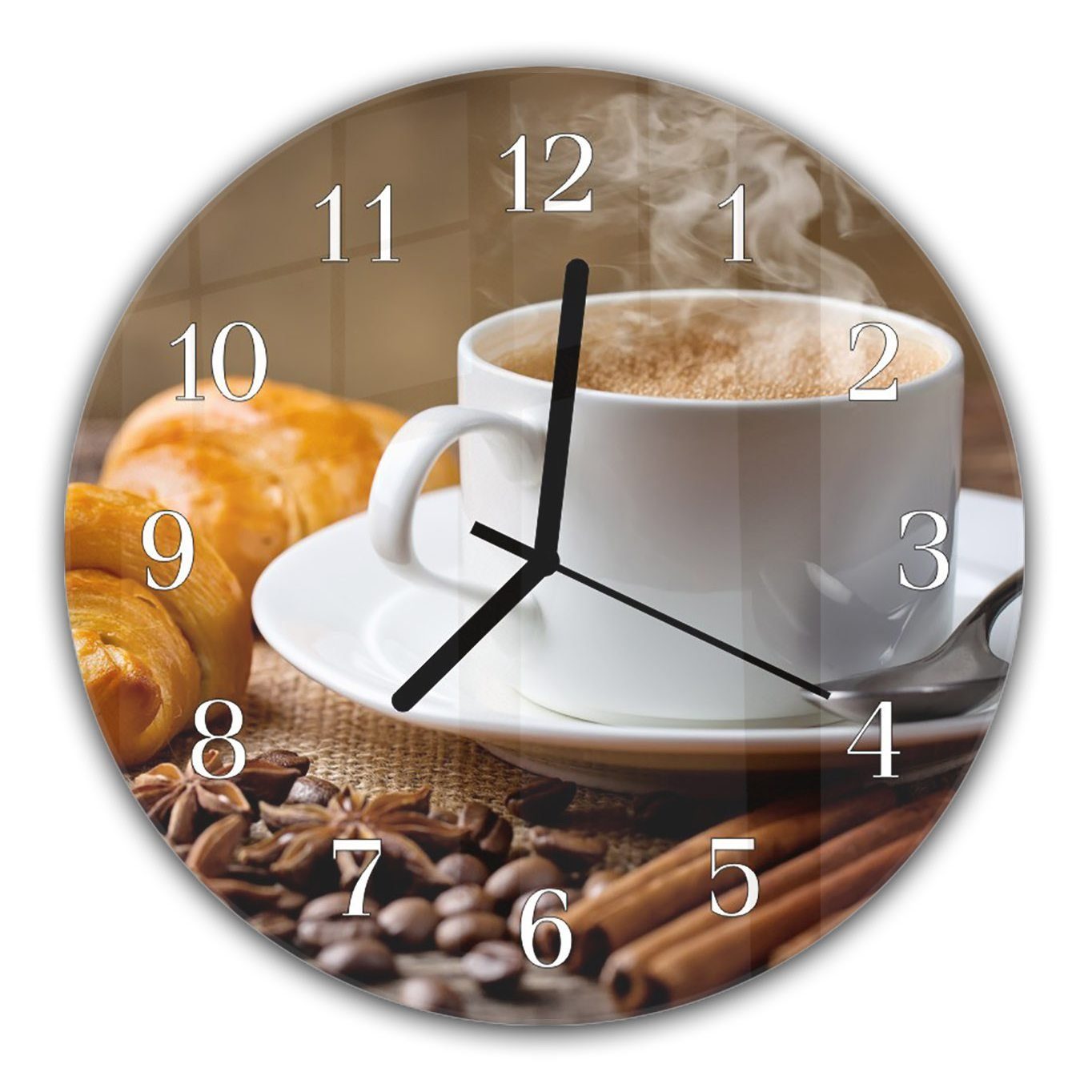 Primedeco Wanduhr Wanduhr aus Glas mit Motiv Cappuccino mit Croissant - Rund mit Durchmesser 30 cm und Quarzuhrwerk