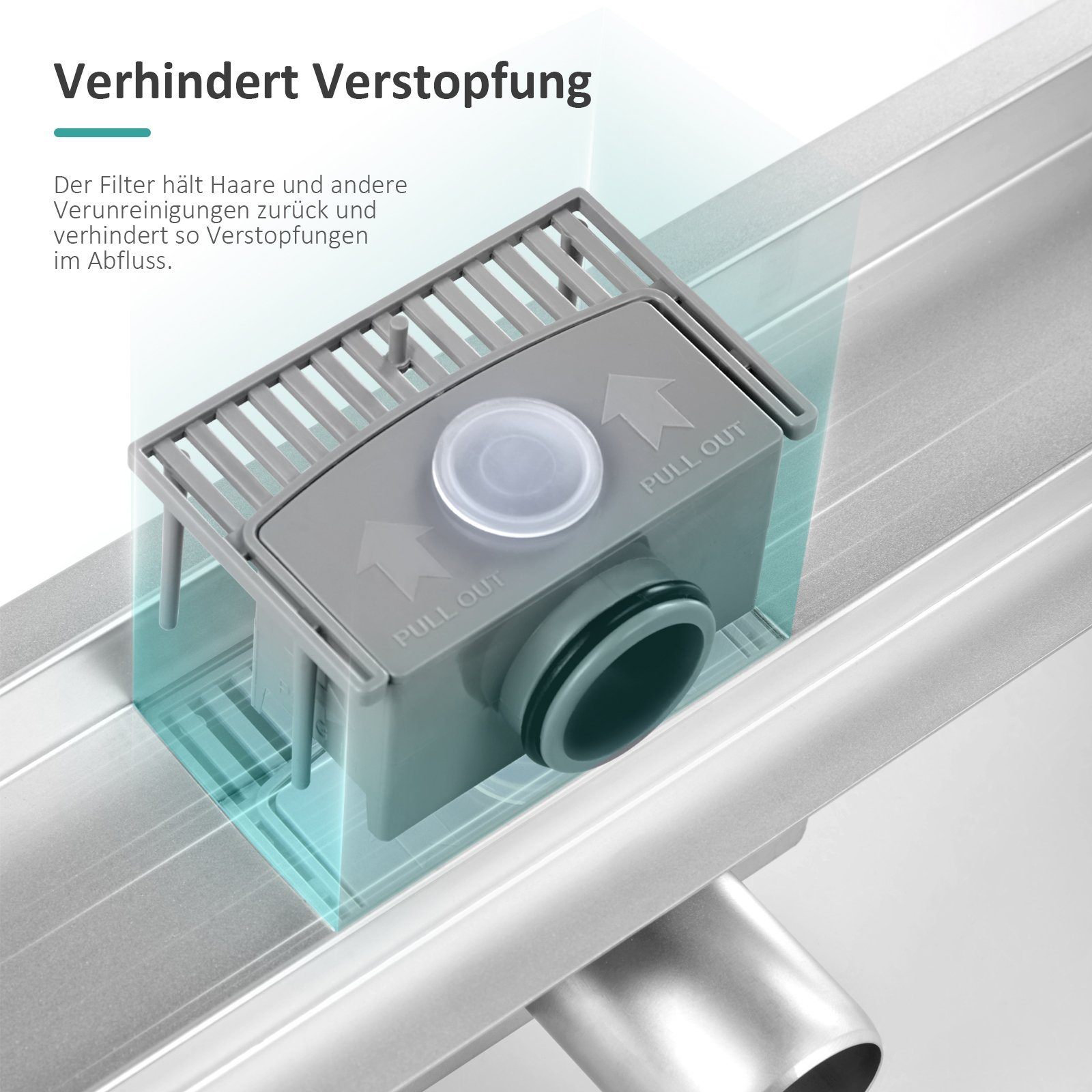 EMKE Duschrinne Befliesbare Duschrinne Edelstahl Komplettset Bodenablauf mit Siphon, Flach Duschablauf Rinne mit Geruchsstop und Haarsieb Randablauf – Bild 3 von 5