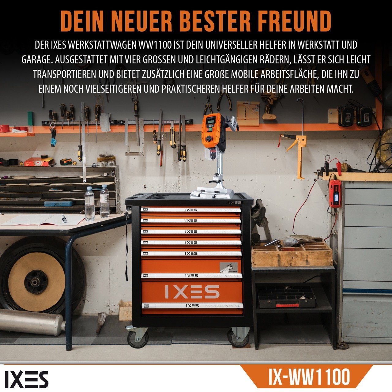 Traglast:450 Werkzeugset, kg, Profi Werkzeugwagen (70-tlg) Werkzeug, IXES 7-Schubladen + Werkstattwagen Werkstattwagen max. XXL 70-tlg. Scheppach