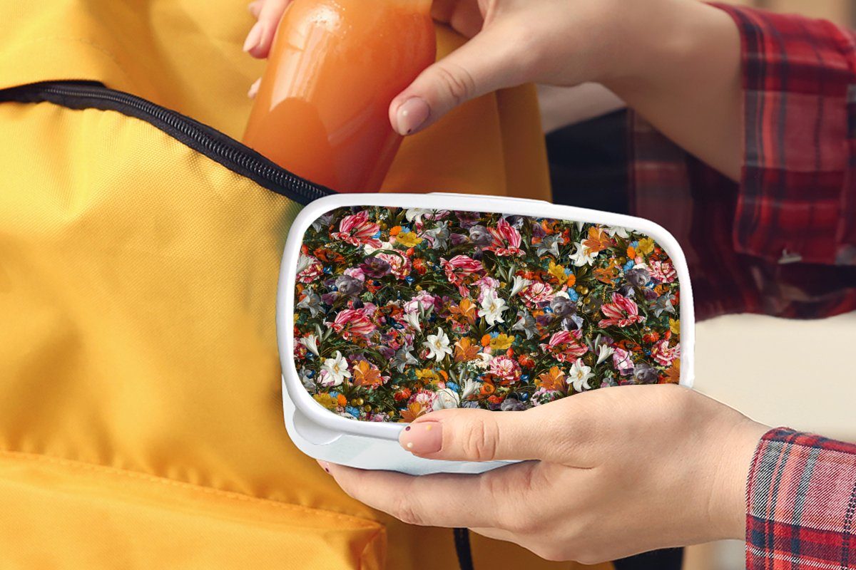 MuchoWow Lunchbox Blumen - Schmetterling Design Kunststoff, (2-tlg), Jungs Malerei und - Mädchen - für Kunst weiß und Abstrakt - - Alte, für - Erwachsene, Kinder Brotbox Brotdose