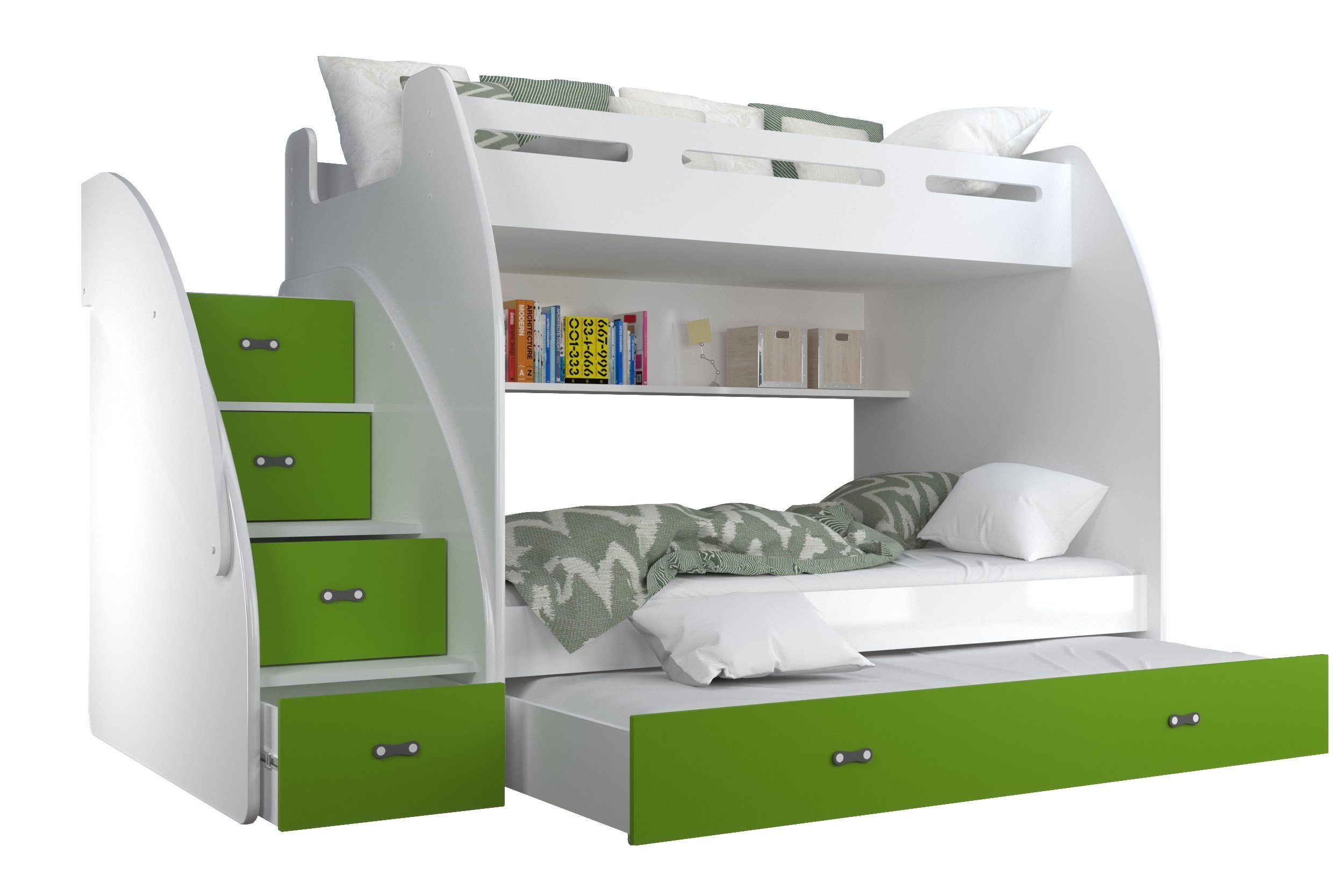 Unique Home Hochbett Kinderbett, Kinder,Farbe Weiß/Grün 3 ZU Matratze wählbar Hochbett für mit