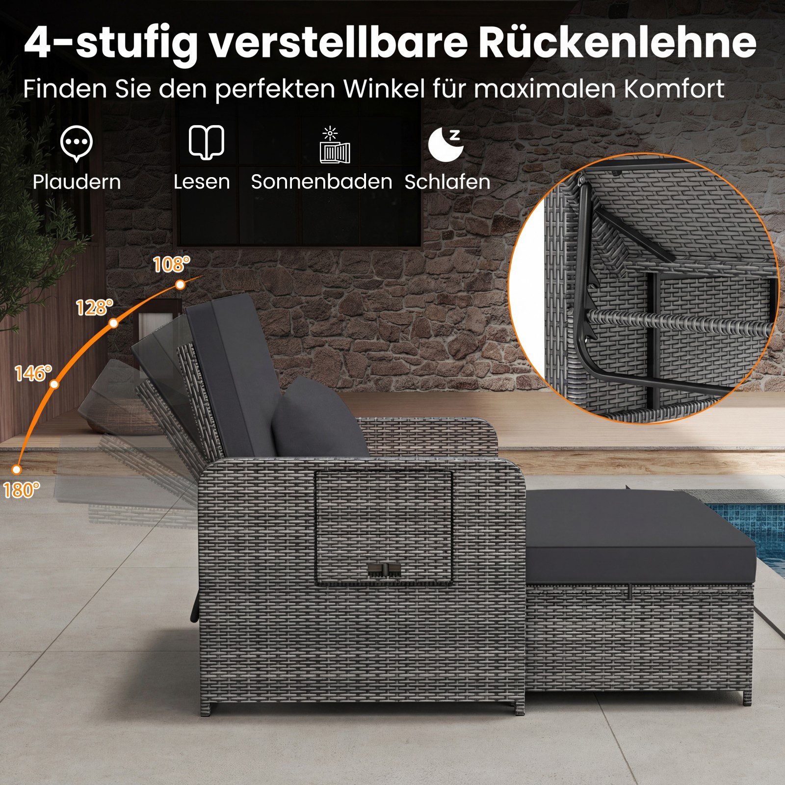 COSTWAY Loungebett, Gartenliege mit Auflage, verstellbarer Rückenlehne, Stauraum Rattan