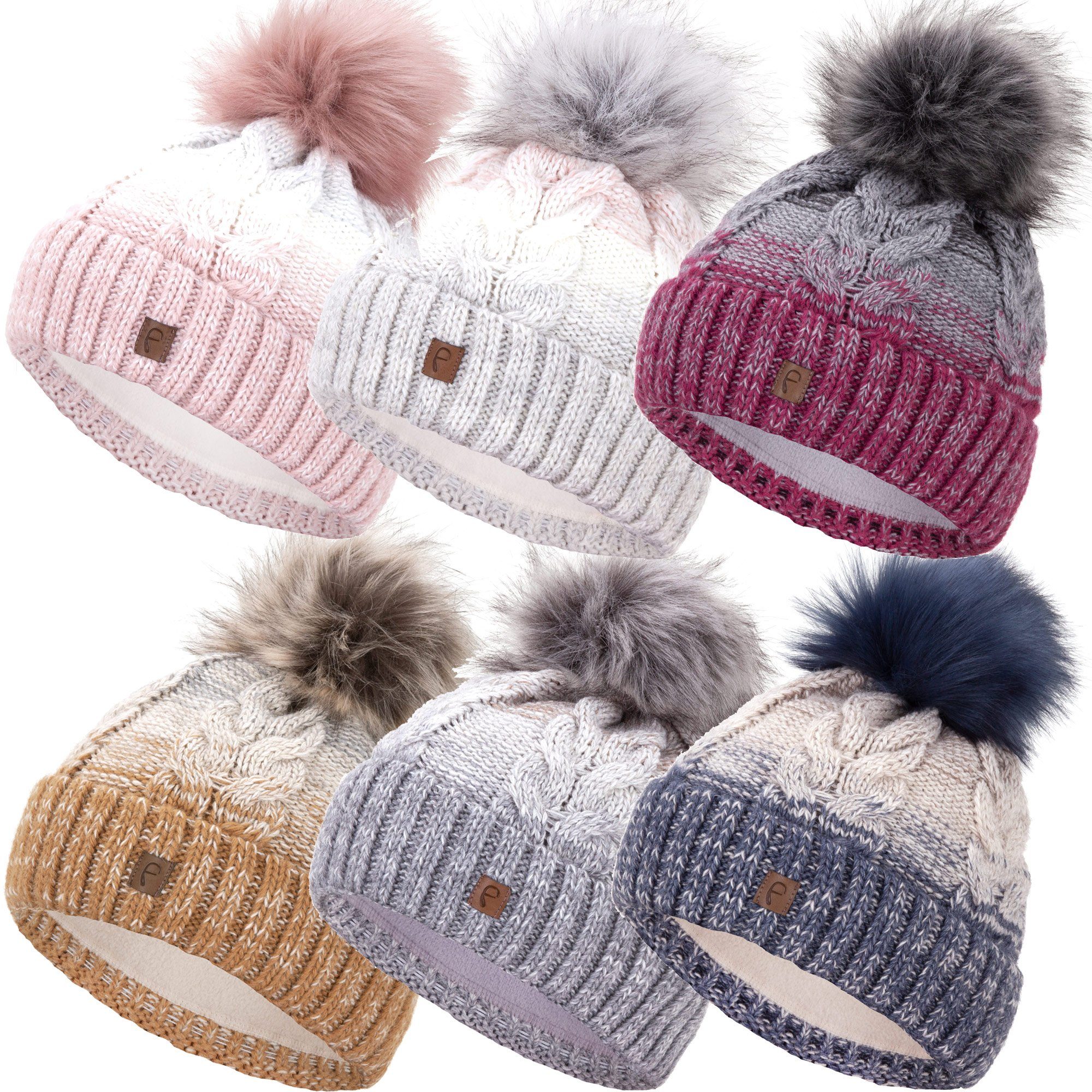 Faera Bommelmütze Wintermütze Damen Herren Mütze Beanie Haube gefüttert Bommelmütze