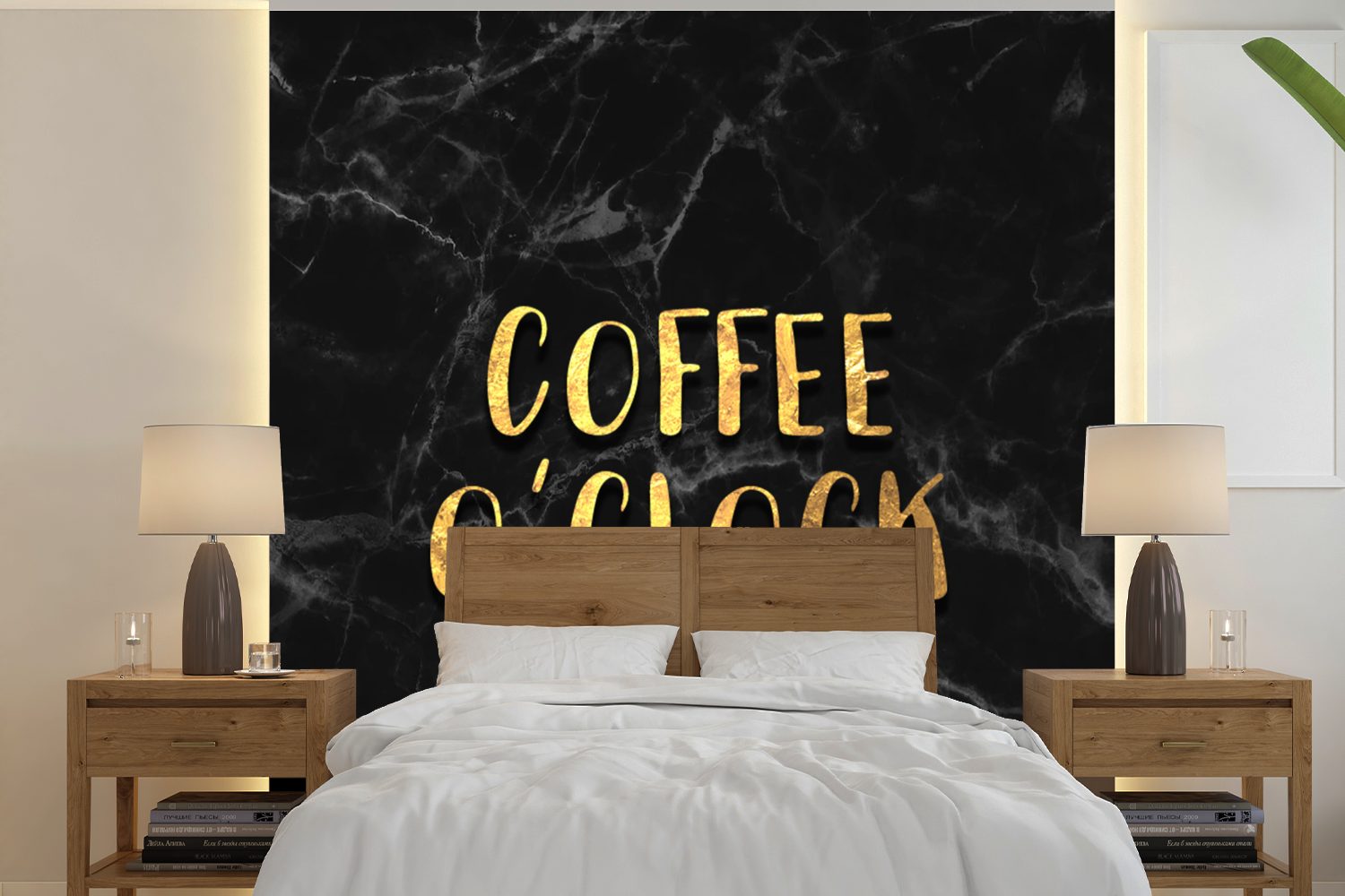 MuchoWow Fototapete Zitat - Kaffee - Gold - Marmor, Matt, bedruckt, (5 St), Vinyl Tapete für Wohnzimmer oder Schlafzimmer, Wandtapete