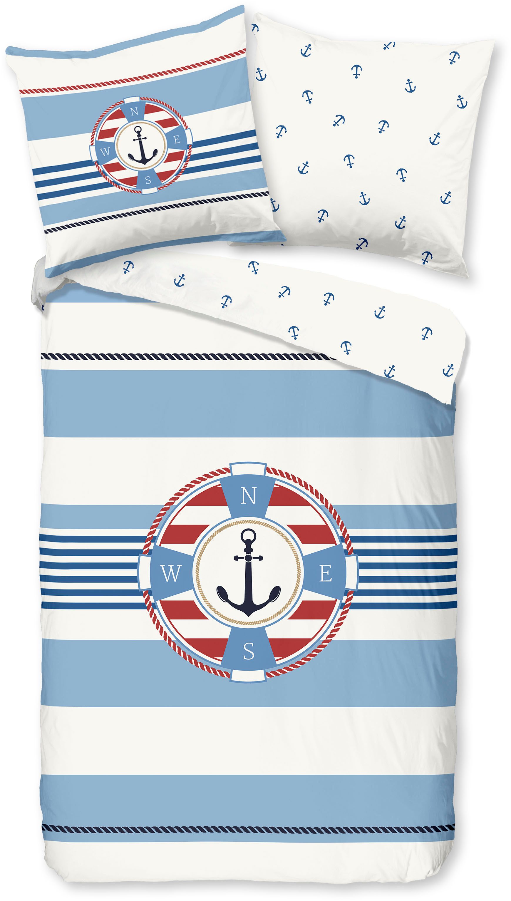 PURE luxury collection Wendebettwäsche Selin, Microfaser, 2 teilig, Mikrofaser, Pflegeleicht, Reißverschluss, Wendeoptik, Maritim, Anker