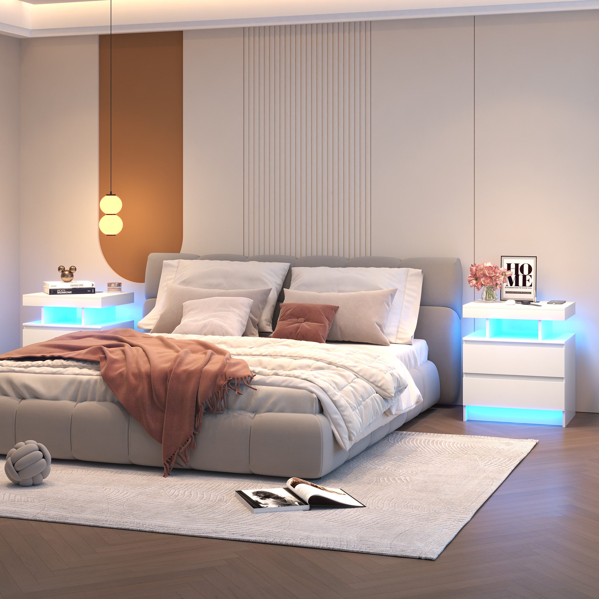 LVSOMT Nachttisch LED Nachttisch mit Ladestation, 3 Farben Licht und Steckdose, mit 2 Schubladen, aus hochwertigen MDF-Platten und leisen Schienen