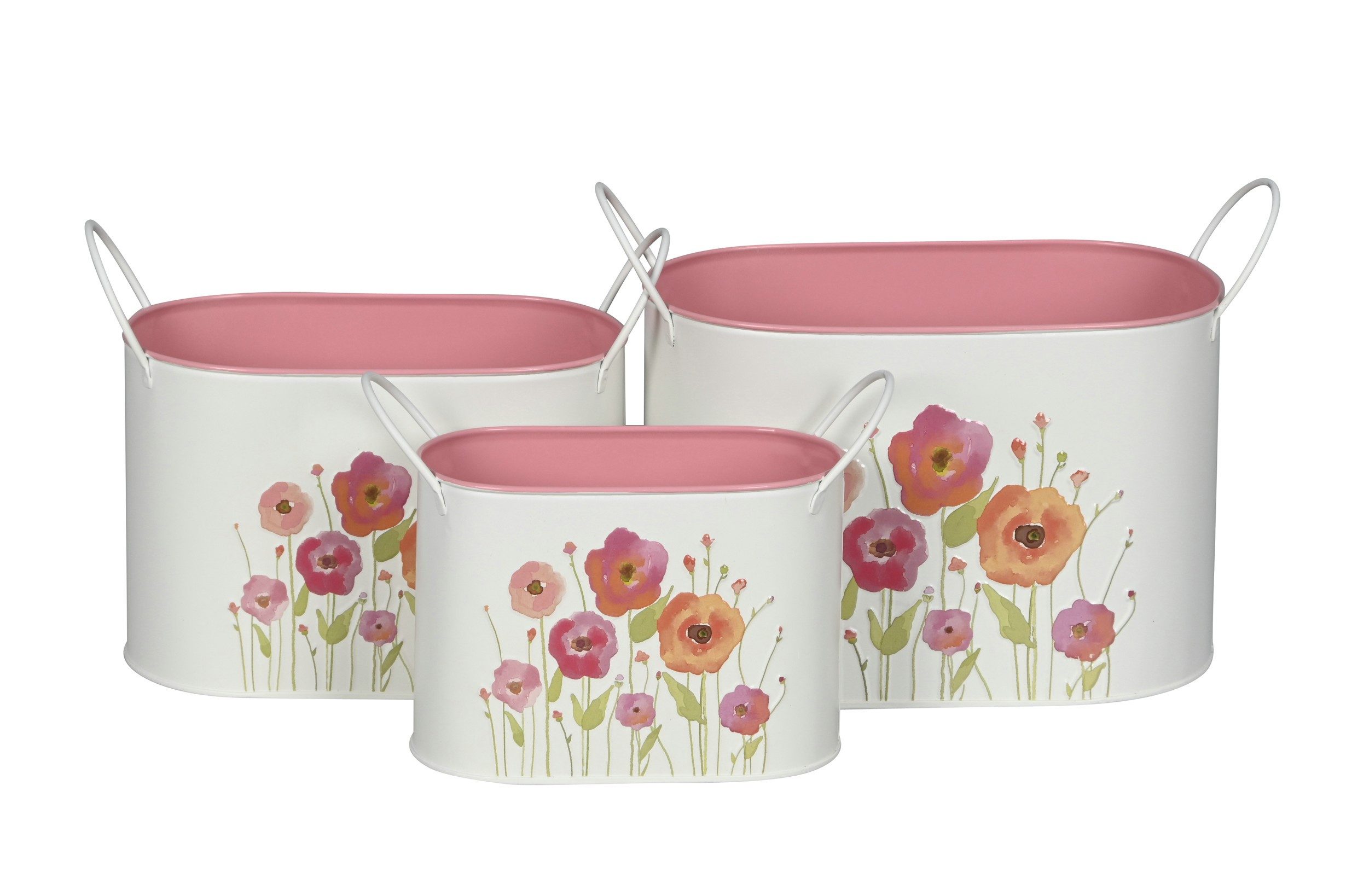 finehomegarden Blumentopf Schale mit Griff oval Mohn bunt Set 3-teilig Metall Dekoschalen (Set, 3 St), 16x9xH11 / 20x11xH13 / 23x13xH15 cm Wohn- & Tischdekoration