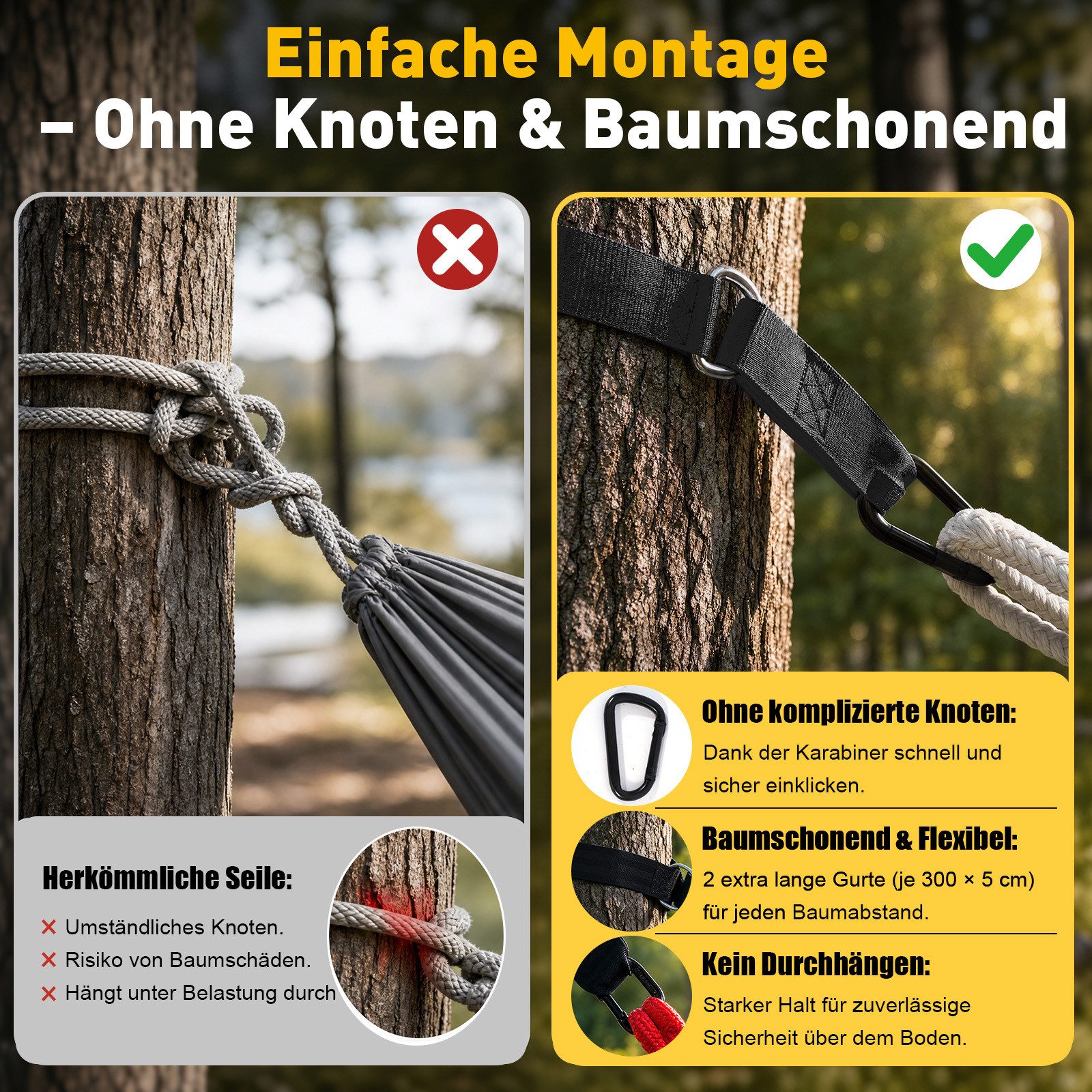Sekey Hängematte mit Karabinern Tragetasche aus Baumwolle Doppelhängematte für Outdoor, bis 200 kg belastbar, für Garten, Balkon, Terrasse, Indoor und Camping – Bild 4 von 5