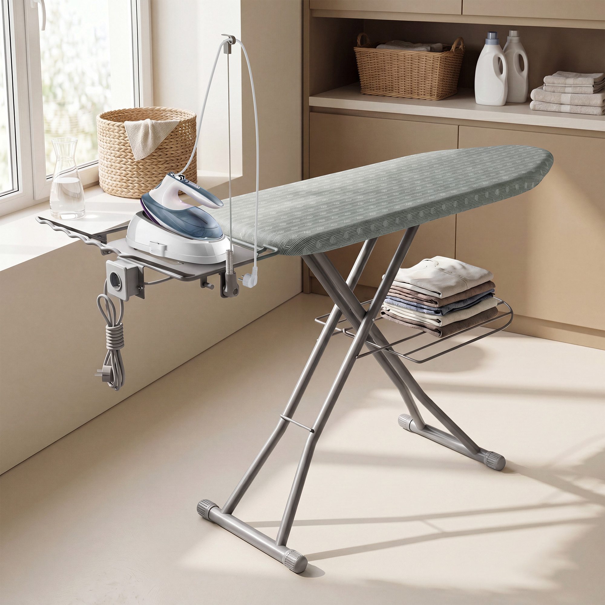 SONGMICS Bügelbrett mit Steckdose und Ablage, für Dampfbügeleisen, Bügelfläche 129 x 38 cm, Höhenverstellbar