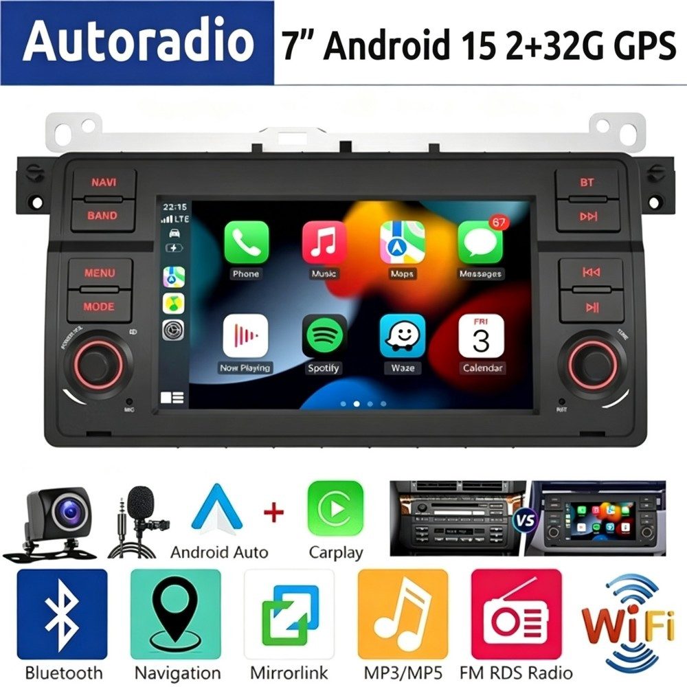 ESSGOO 7" Android 15 Für BMW E46 3er 318 320 325 M3 Rover 75 MGZT GPS Navi Autoradio (RDS, 2+64GB(optional), FM, DAB+ (optional), Wireless Carplay Android Auto Bluetooth EQ USB WIFI Touchscreen SWC)