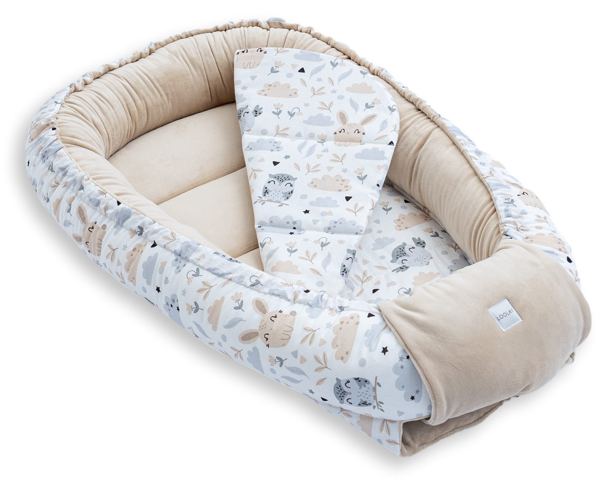 Loolay Kuschelnest BABYNEST 5 TLG. Set PREMIUM Babyausstattung Baumwolle & Samt Velours, (MUSTER: BEIGE Samt Velour/ HASE EULE, 5-tlg., Liebevoll handgefertigt  – Bild 4 von 5
