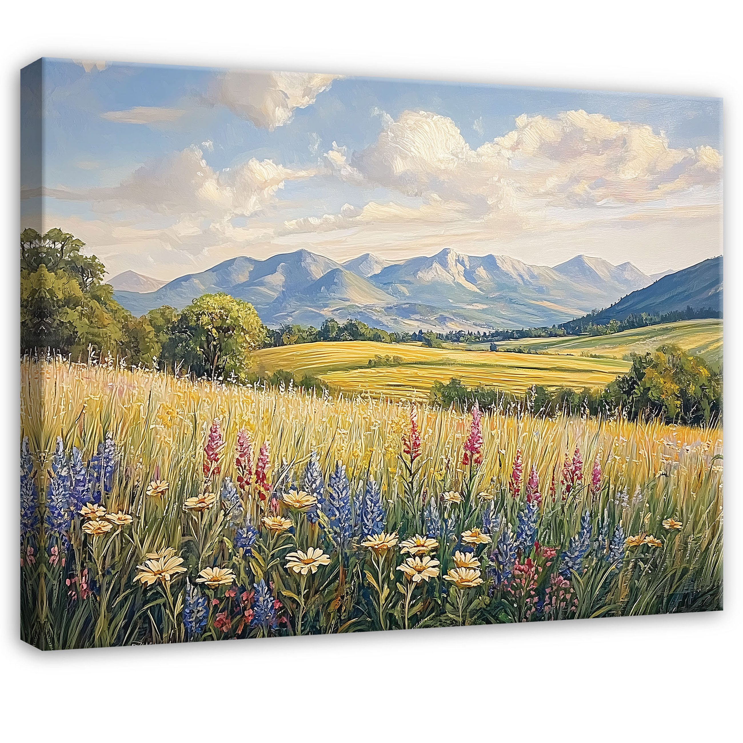 Wallarena Leinwandbild Feld Berge Blumen Wandbilder Wand Deko XXL Bilder, Natur (groß Bilder Wohnzimmer Schlafzimmer Einteilig, 1 St), Bilder Klein Wohnzimmer Schlafzimmer Küche Wandbild Wand Deko 40x30