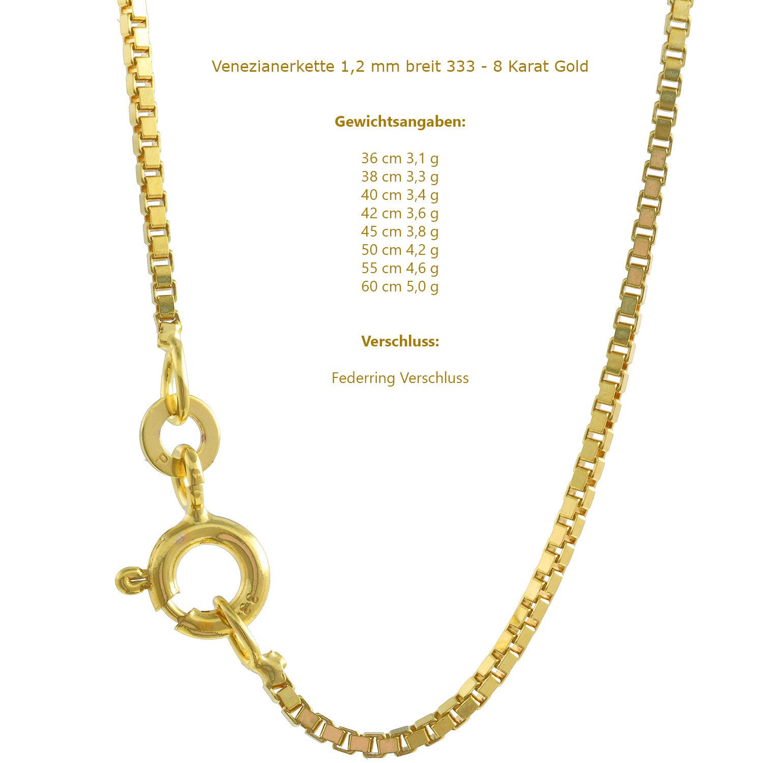 HOPLO Goldkette Goldkette Venezianerkette Halskette Breite 1,2mm 70cm 333-8 Karat Gold, Made in Germany