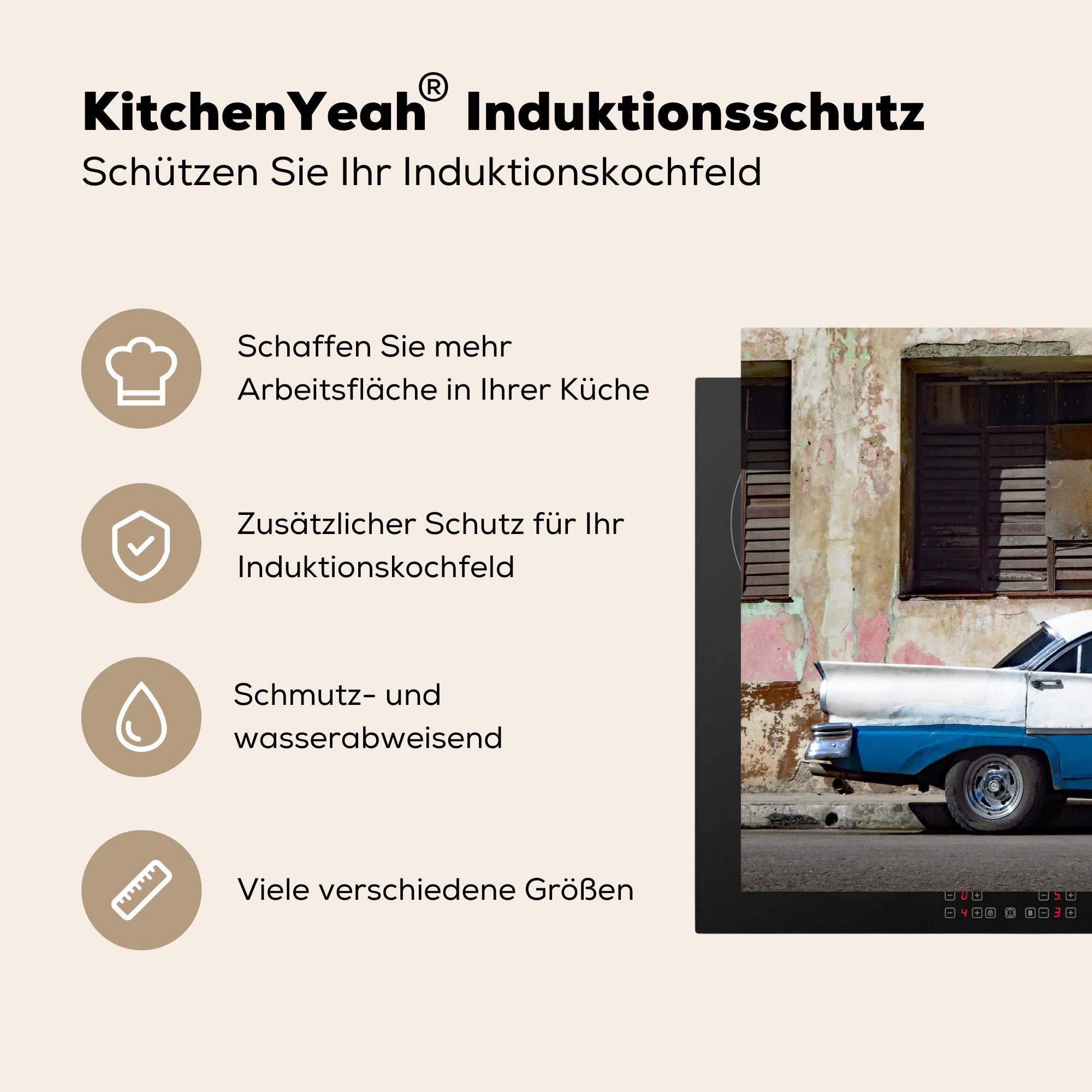 Vinyl, Herdblende-/Abdeckplatte für tlg), 83x51 Arbeitsplatte (1 cm, Auto, küche MuchoWow Ceranfeldabdeckung, Oldsmobile