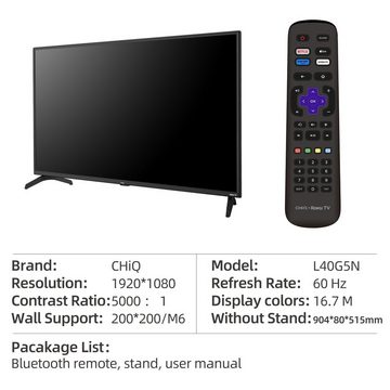 CHiQ L40G5N LED-Fernseher (100,00 cm/40 Zoll, Full HD, Smart-TV, Roku TV, LED TV, Google Assistant,Chromecast,Youtube,Triple Tuner(DVB-T2/T/C/S2)