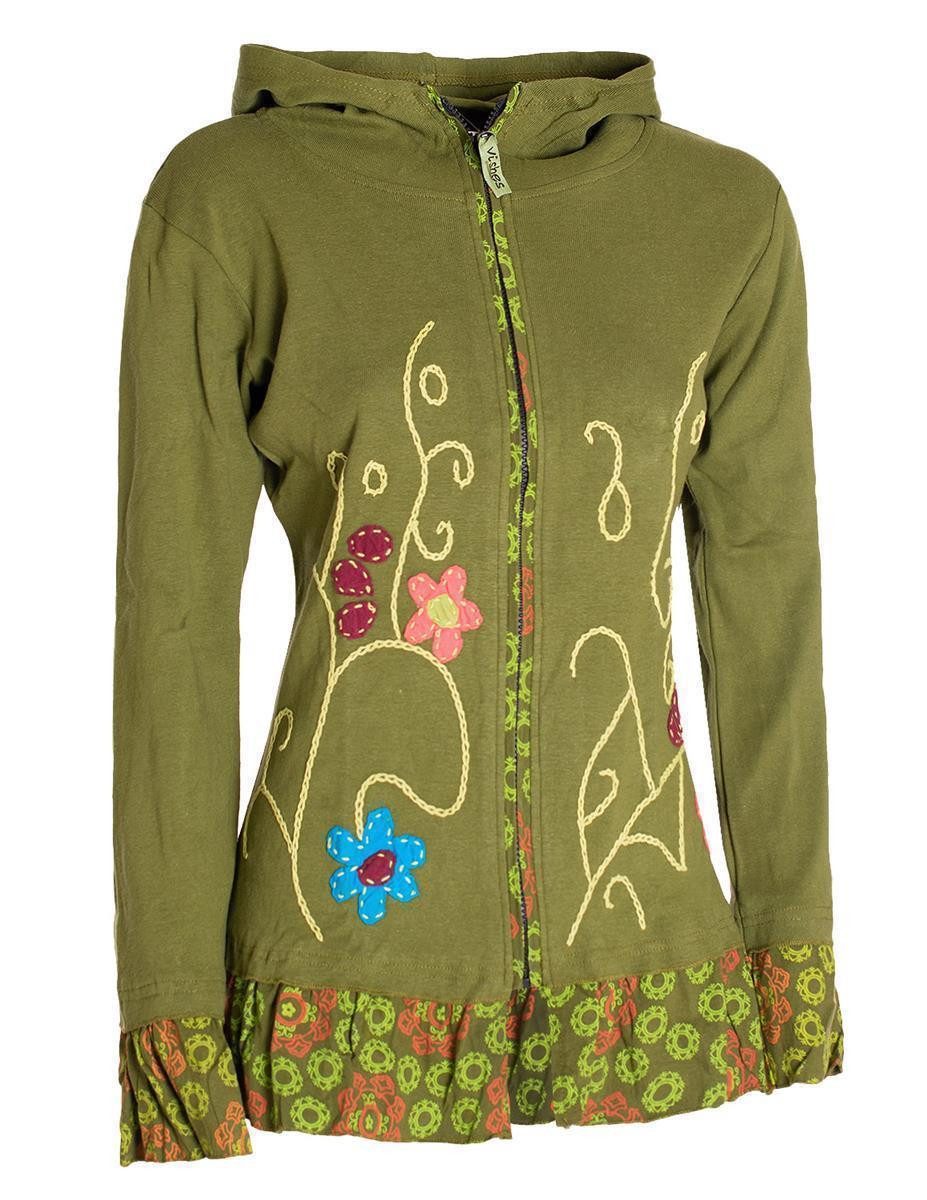 Vishes Kapuzensweatjacke Damen Sommerjacke Blumen-Strickjacke Elfenjacke Kapuzi Rüschen Retro, Gothik, Boho Style