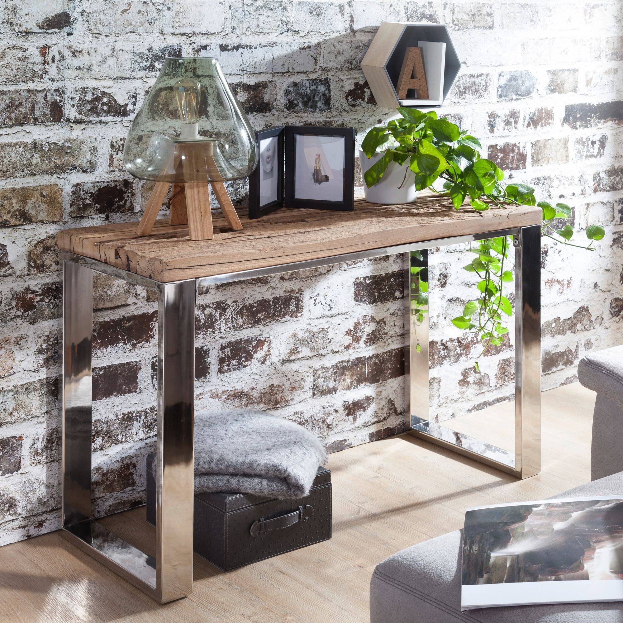 FINEBUY Konsolentisch FB50997 115 cm Anrichte Konsole Industrial Massiv Laptoptisch (115x76x46 cm Massivholz, Flurtisch Rechteckig), Anrichte Flur, Schminktisch Frisiertisch Modern