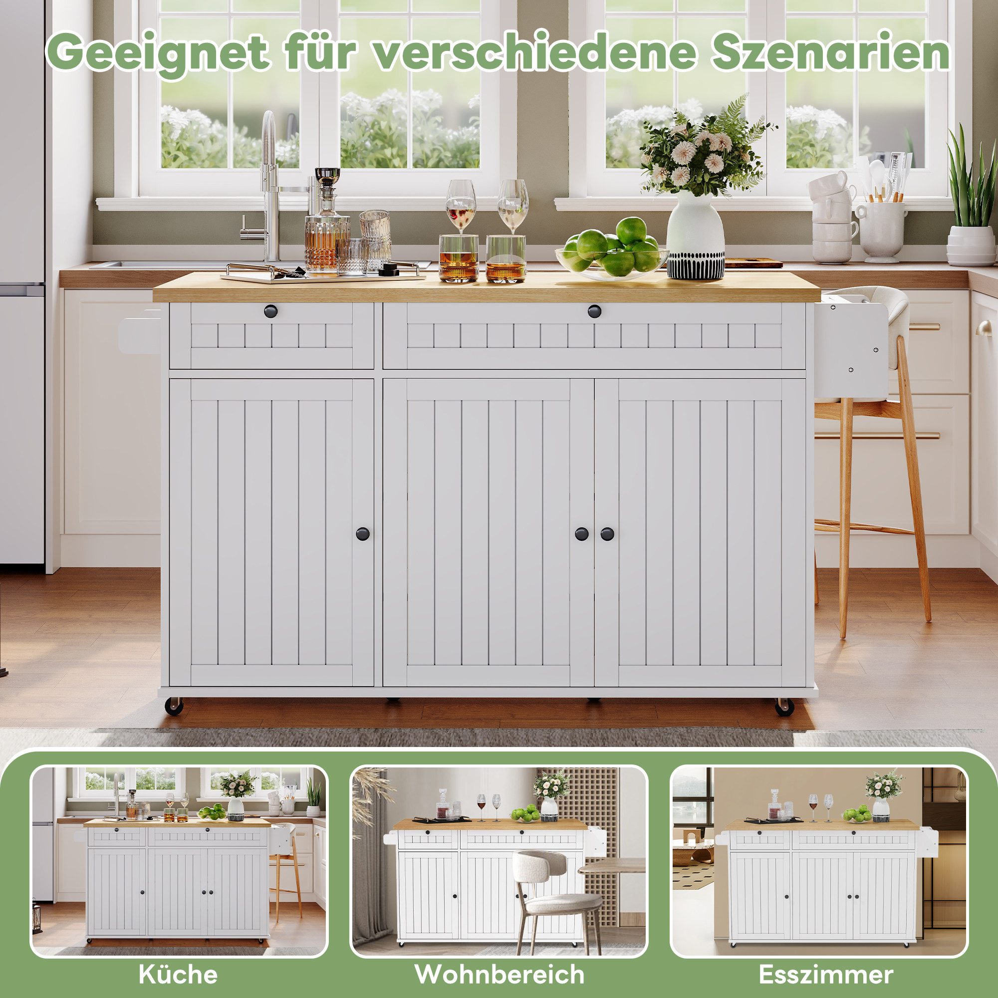 i@home Kücheninsel mit klappbarer Arbeitsplatte,Küchenschrank auf 6 feststellbaren Rollen, (mit Ablage,Türregal,2 großen Schubladen und Schrank 137 x 89,5 x 45 cm)
