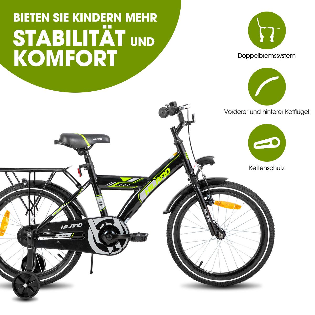 HILAND Kinderfahrrad Sentry 16/18 Zoll Jungen Kinderfahrrad für Kinder ab 4 bis 9 Jahren, 1 Gang, mit Rücksitz/Gepäckträger Stützräder Handbremse