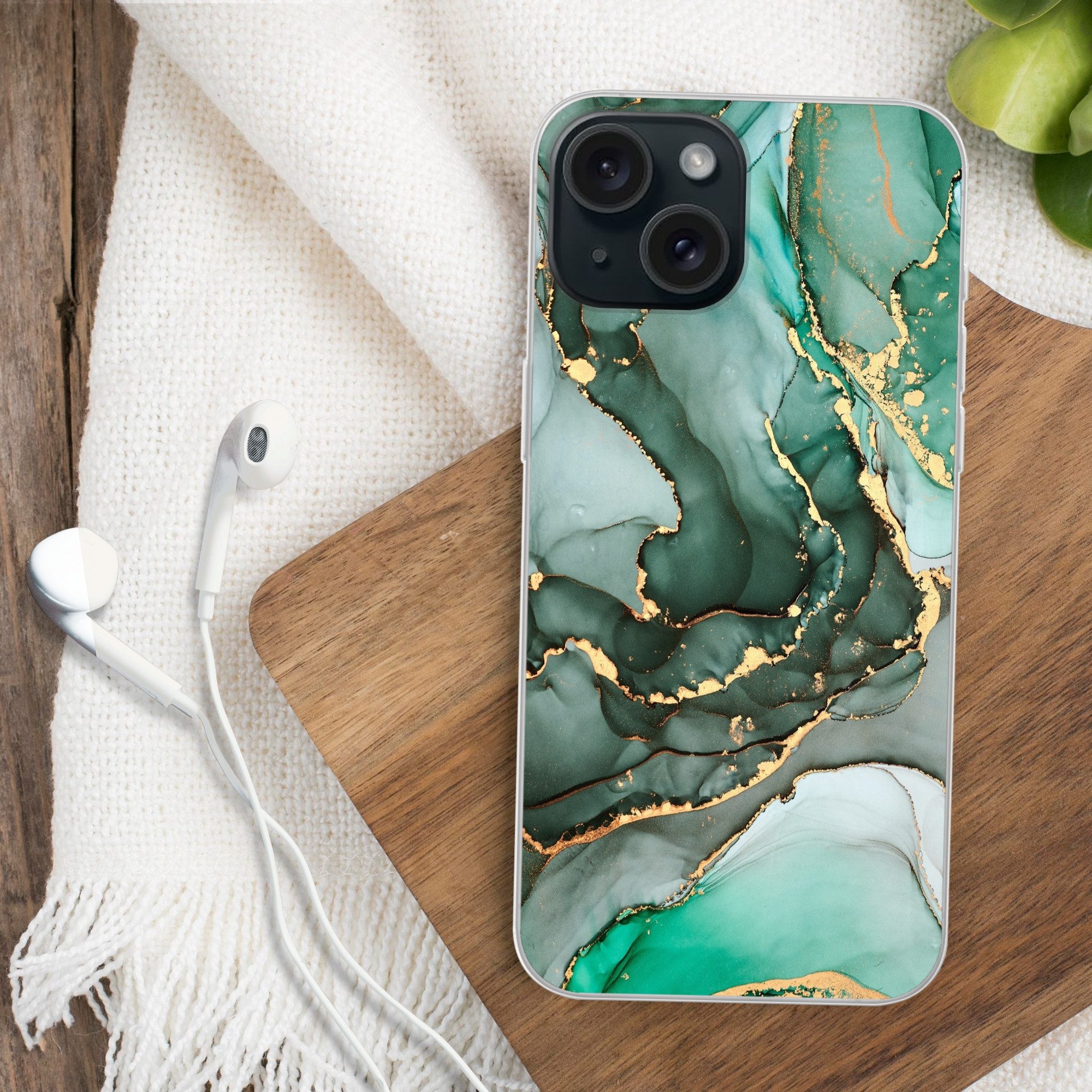 MuchoWow Handyhülle für Apple iPhone 15 Gold - Marmor - Grün - Luxus - Marmoroptik - Grau, Smartphone-Bumper, Print, Handy Schutzhülle Dünn