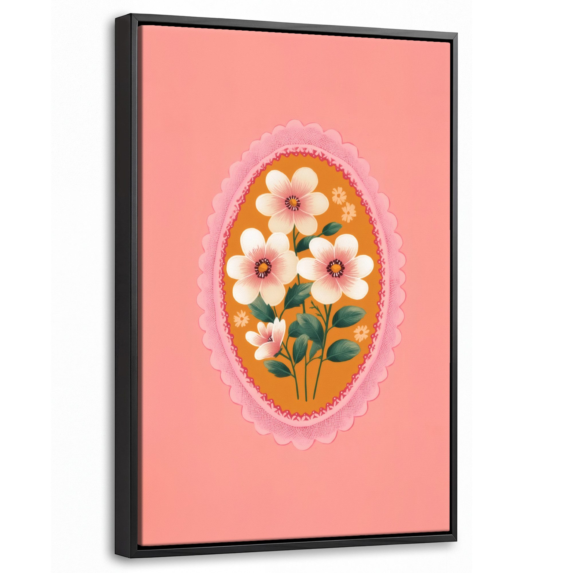 OneMillionCanvasses® Leinwandbild mit Rahmen - Illustration - Blumen - Bordüre - Rosa, Fotodruck (1 St), Deko für Wohnzimmer Schlafzimmer Küche 20x30cm