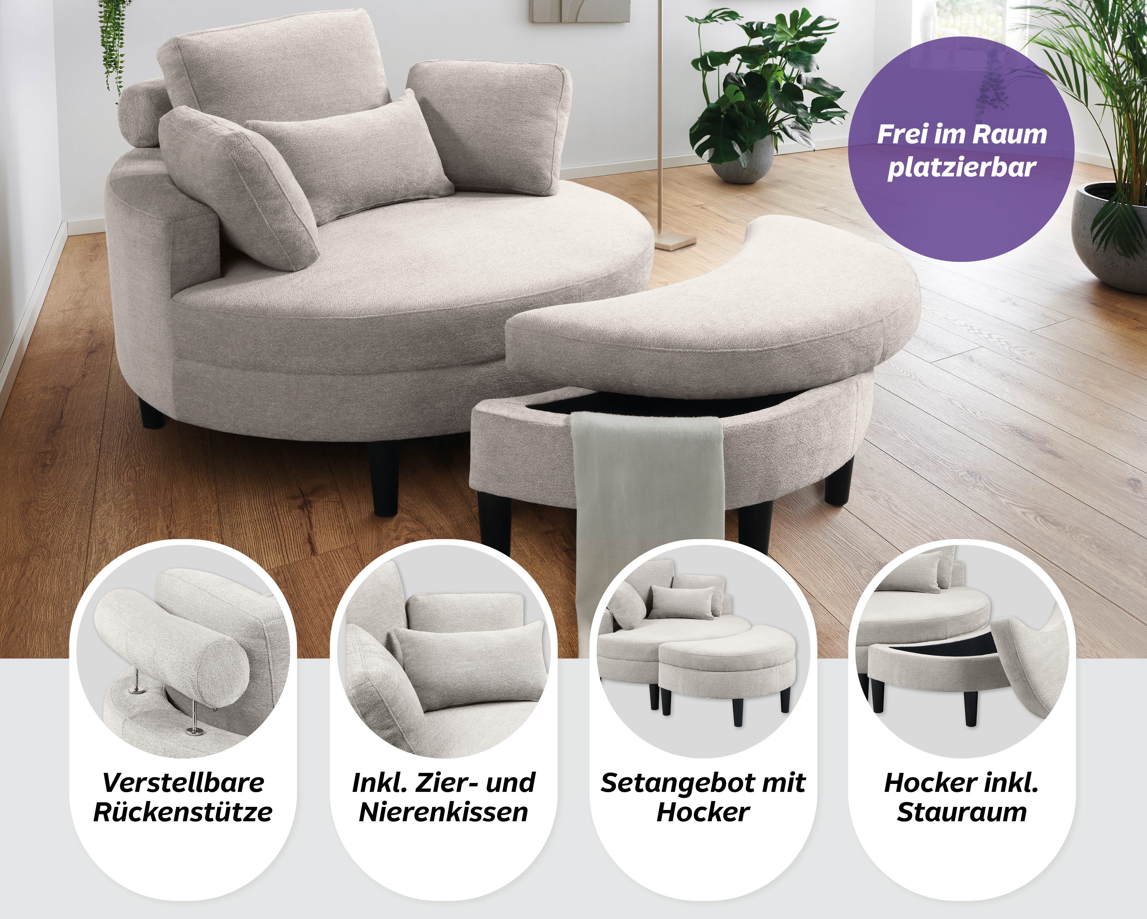 OTTO home Loveseat Ravi Sessel, B: 114 cm, Sitzhöhe: 42 cm, XXL- Sessel, mit Stauraumhocker, Rückenstütze & 4 Zierkissen