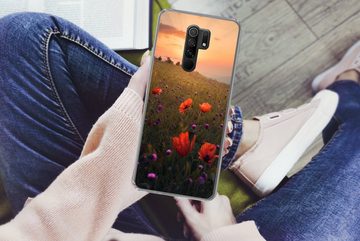 MuchoWow Handyhülle Blumenfeld - Gras - Pflanzen - Sonnenuntergang - Orange, Phone Case, Handyhülle Xiaomi Redmi 9, Silikon, Schutzhülle