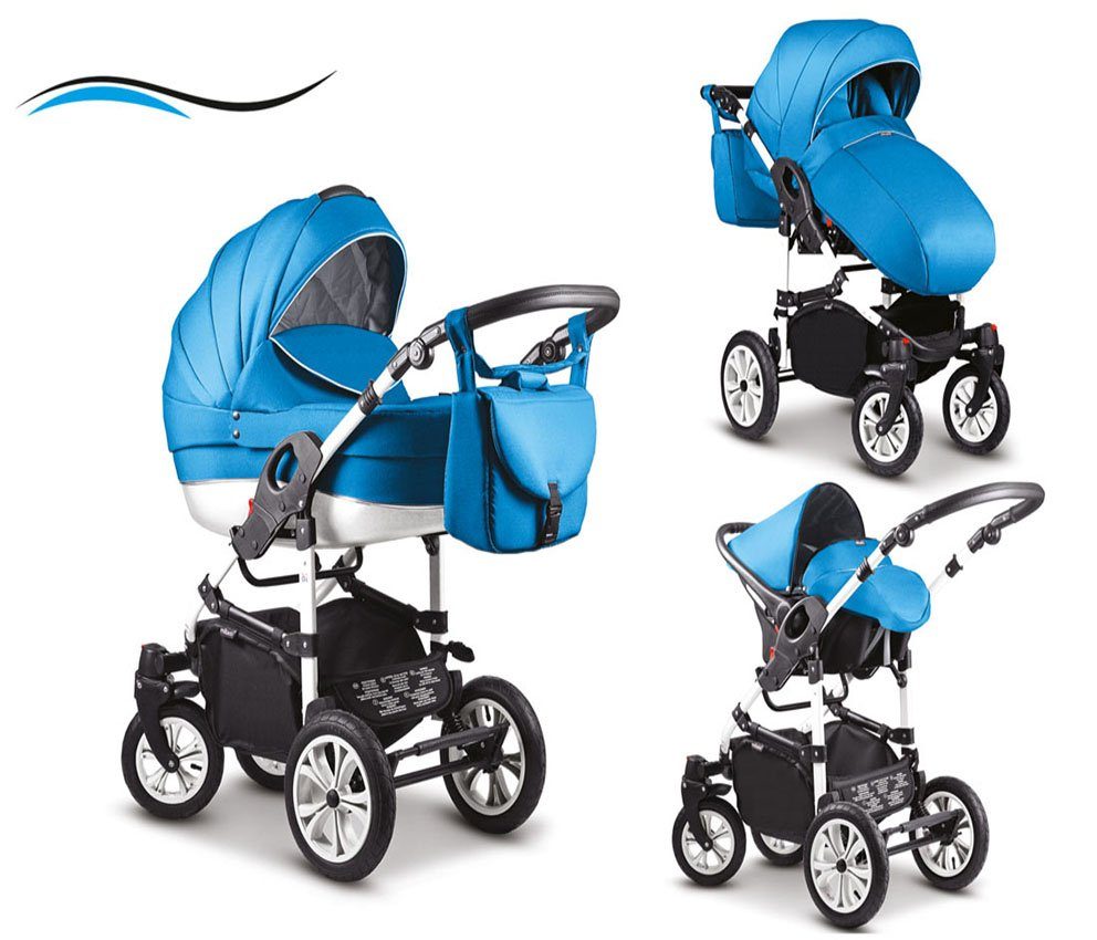 babies-on-wheels Kombi-Kinderwagen 3 in 1 Kinderwagen-Set Cosmo - 16 Teile - in 41 Farben Türkis-Weiß | Kombikinderwagen