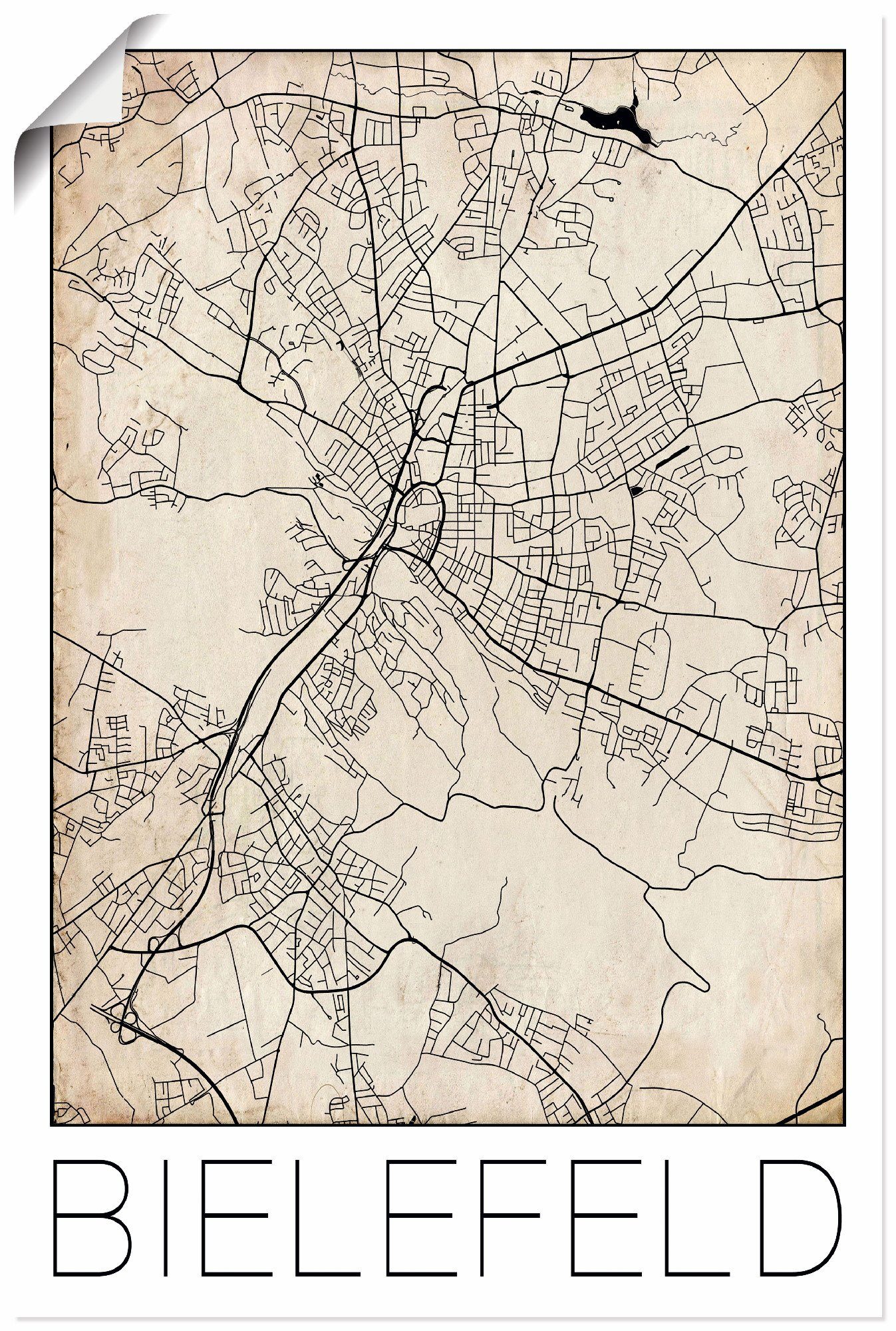 Artland Wandbild Retro Karte Bielefeld Deutschland Grunge, Deutschland (1 St), als Alubild, Leinwandbild, Wandaufkleber oder Poster in versch. Größen