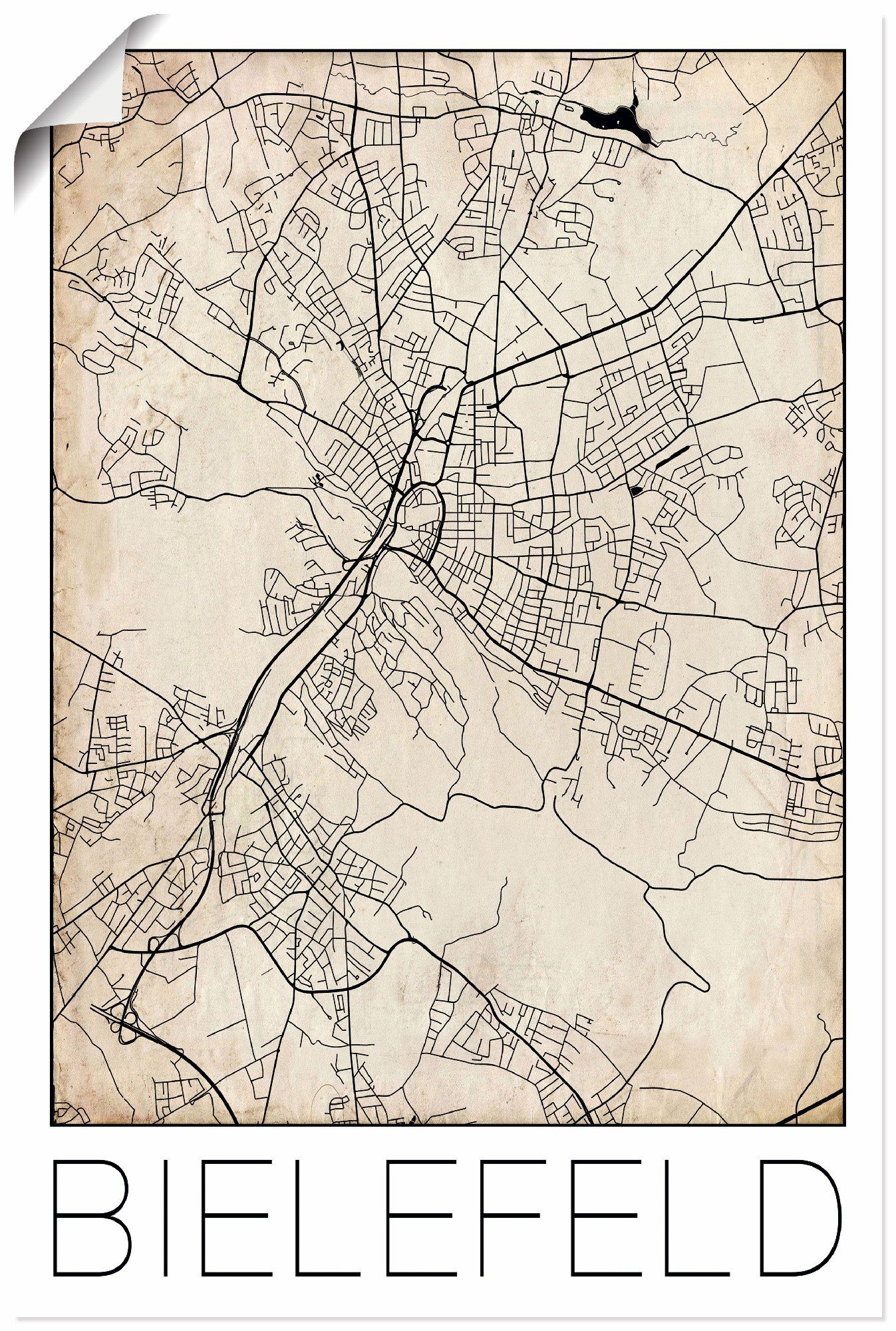 Artland Wandbild Deutschland Größen St), Bielefeld Karte versch. in oder Retro Poster Wandaufkleber als Deutschland Grunge, Leinwandbild, Alubild, (1