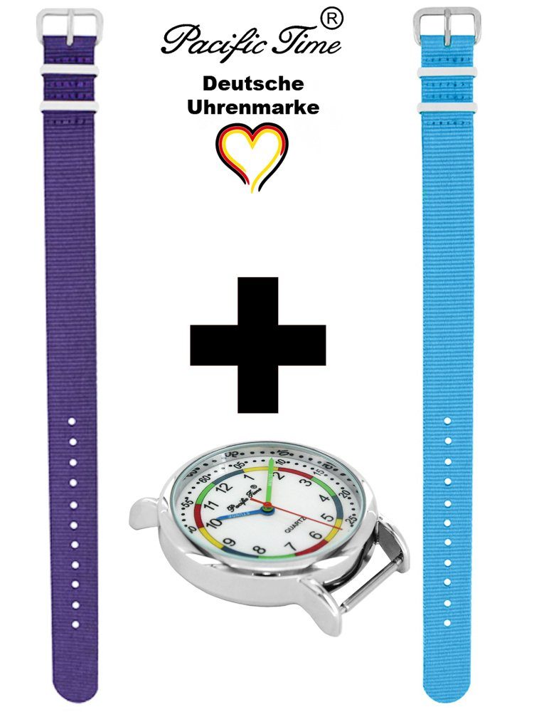 Pacific Time Quarzuhr Design Wechselarmband, - Versand und violett Kinder Gratis First hellblau Match Armbanduhr Mix Lernuhr Set und