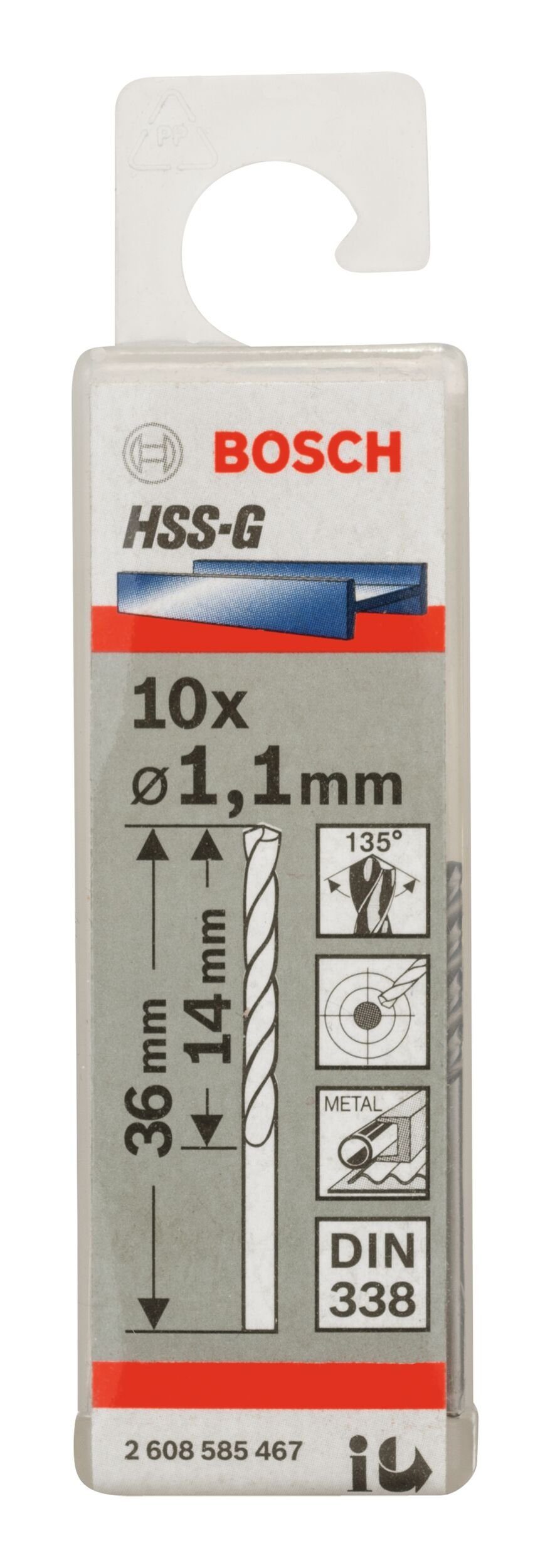 BOSCH Metallbohrer, (10 HSS-G - - 338) 1,1 x (DIN Stück), mm x 36 14 10er-Pack