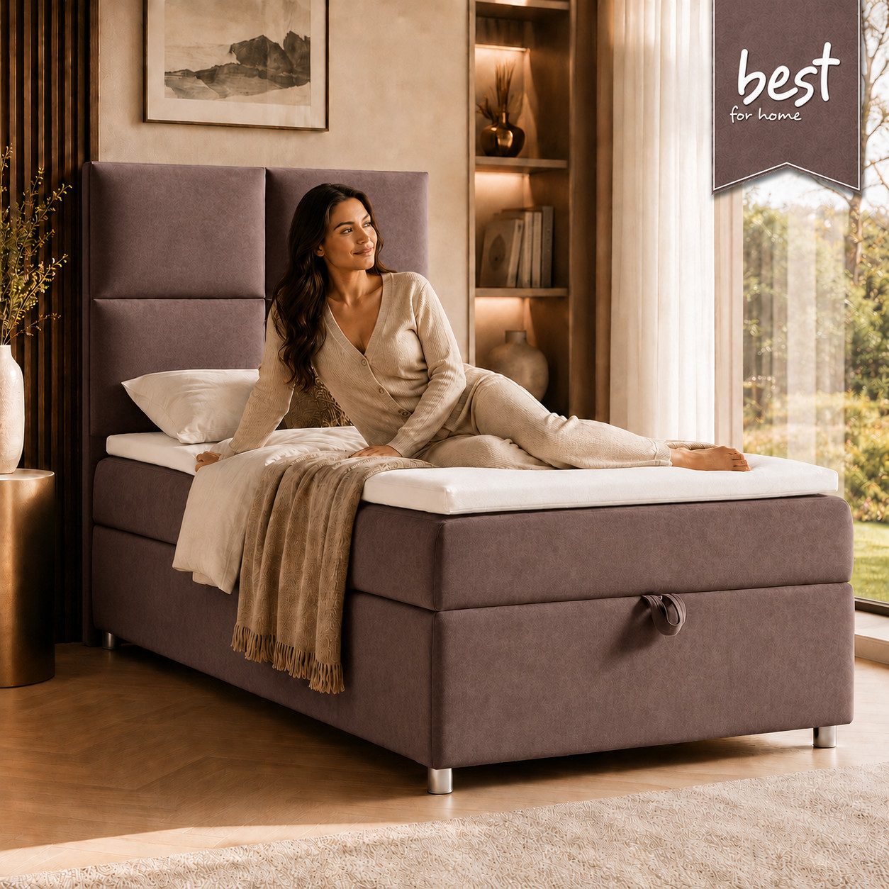 Best for Home Boxspringbett Trinity K-2 mit Bettkasten & Topper – Komfort & Stauraum (Einzelbett, Hotelbett, Polsterbett gepolstertes Kopfteil, Jugendbett, Kinderbett versch. Größen, 1-St., 70x200 80x200 90x200 100x200 cm), Einzel-Boxspringbett mit integriertem Stauraum, gepolstertem Kopfteil