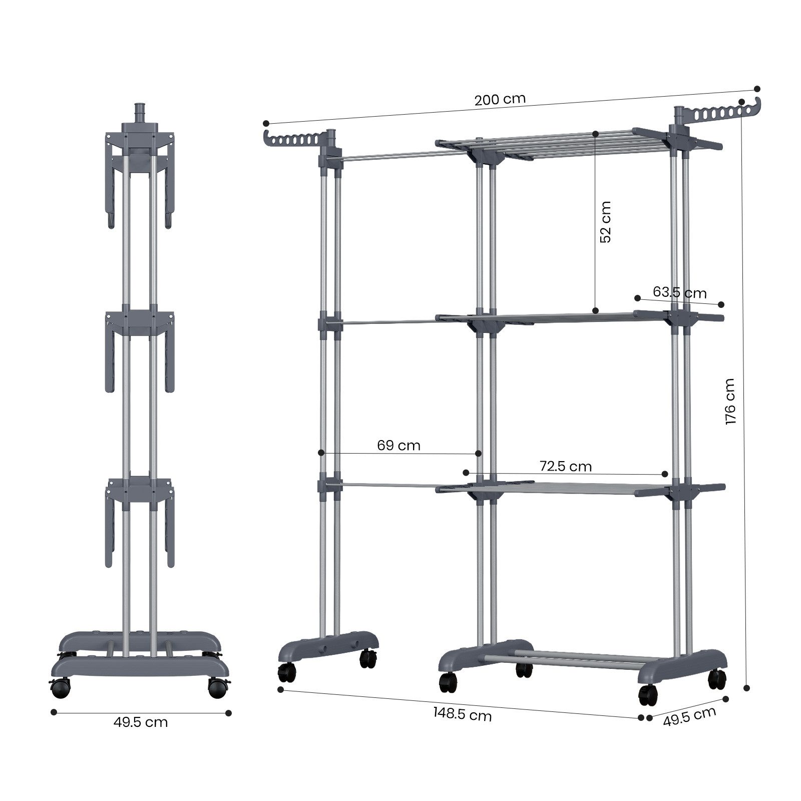 Oak&Tea Wäscheständer Turmwäscheständer Ausziehbarer Wäscheständer Turm für Balkon & Wohnung, XXL Standtrockner, 4 Ebenen, klappbare zwischen 83-200cm, mit Roll – Bild 3 von 5
