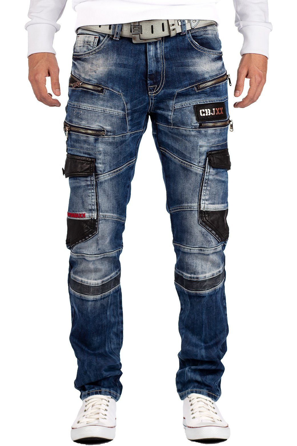 Cipo & Baxx Bikerjeans BA-CD561 Herren Jeans Freizeithose im Bikerstyle mit roten Teilbereichen im Cargo Stil blau